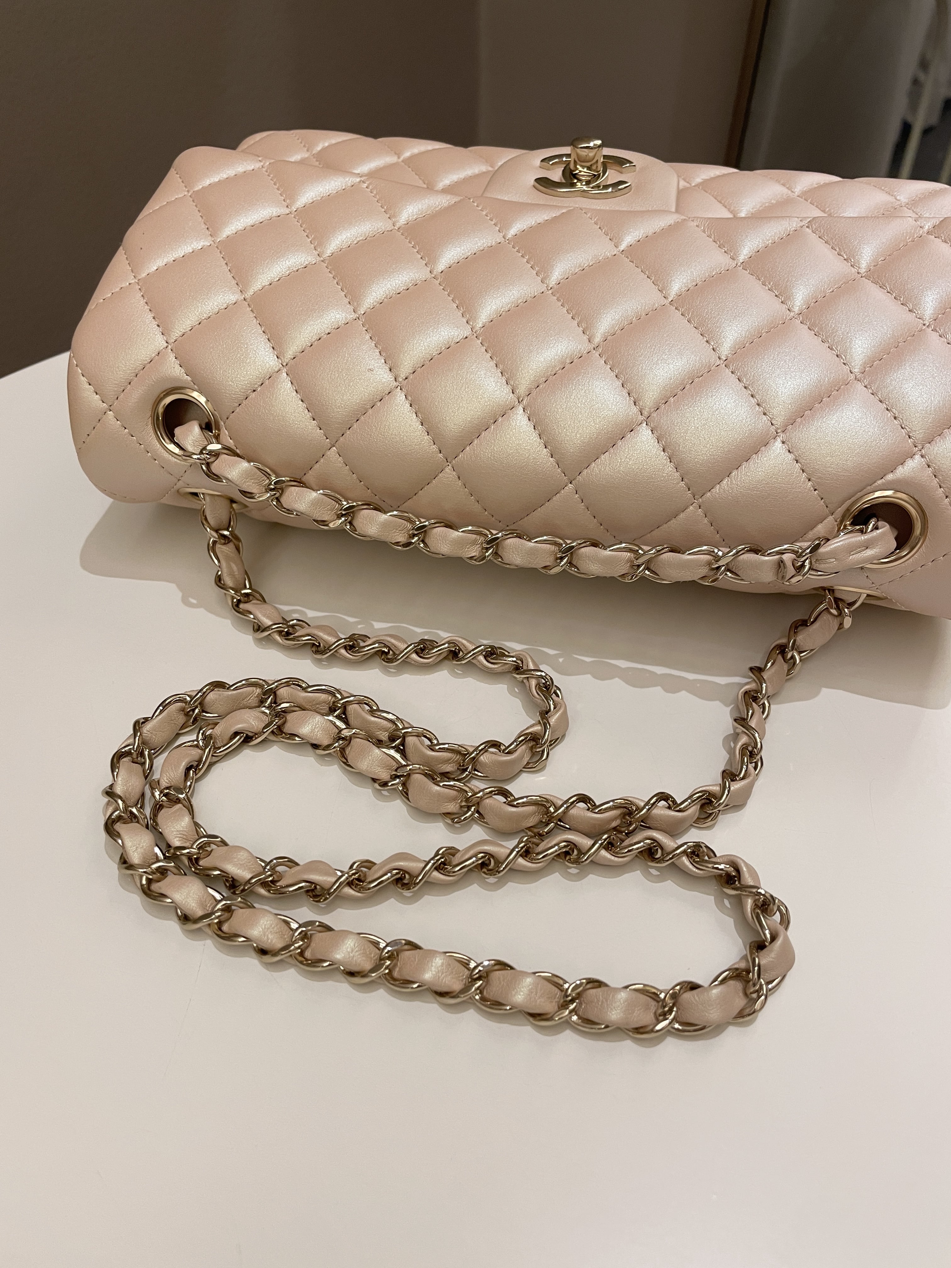 Chanel 21S Classic Quilted Medium Double Flap Iridescent Pearl Beige Calfskin