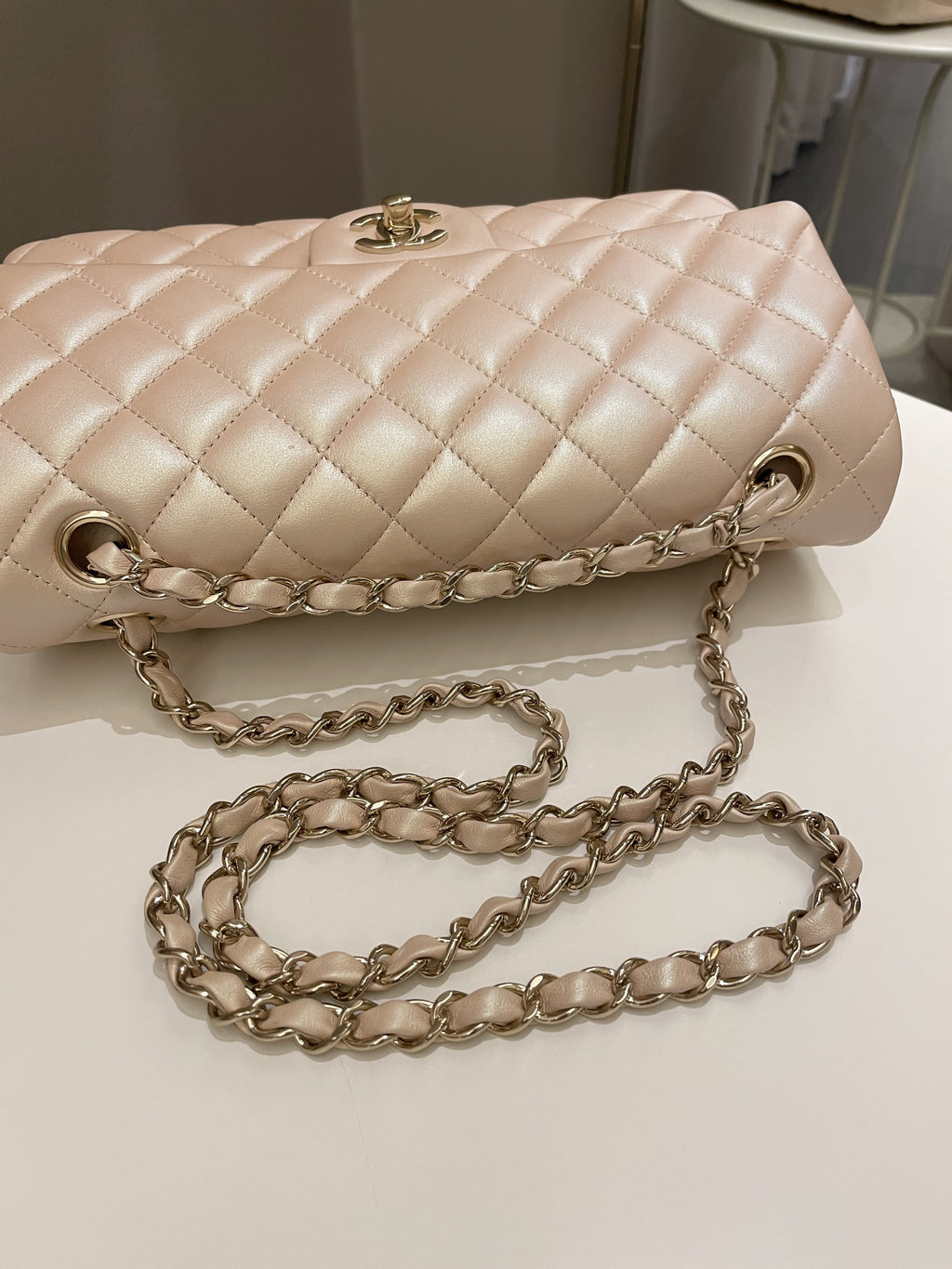 Chanel 21S Classic Quilted Medium Double Flap Iridescent Pearl Beige Calfskin
