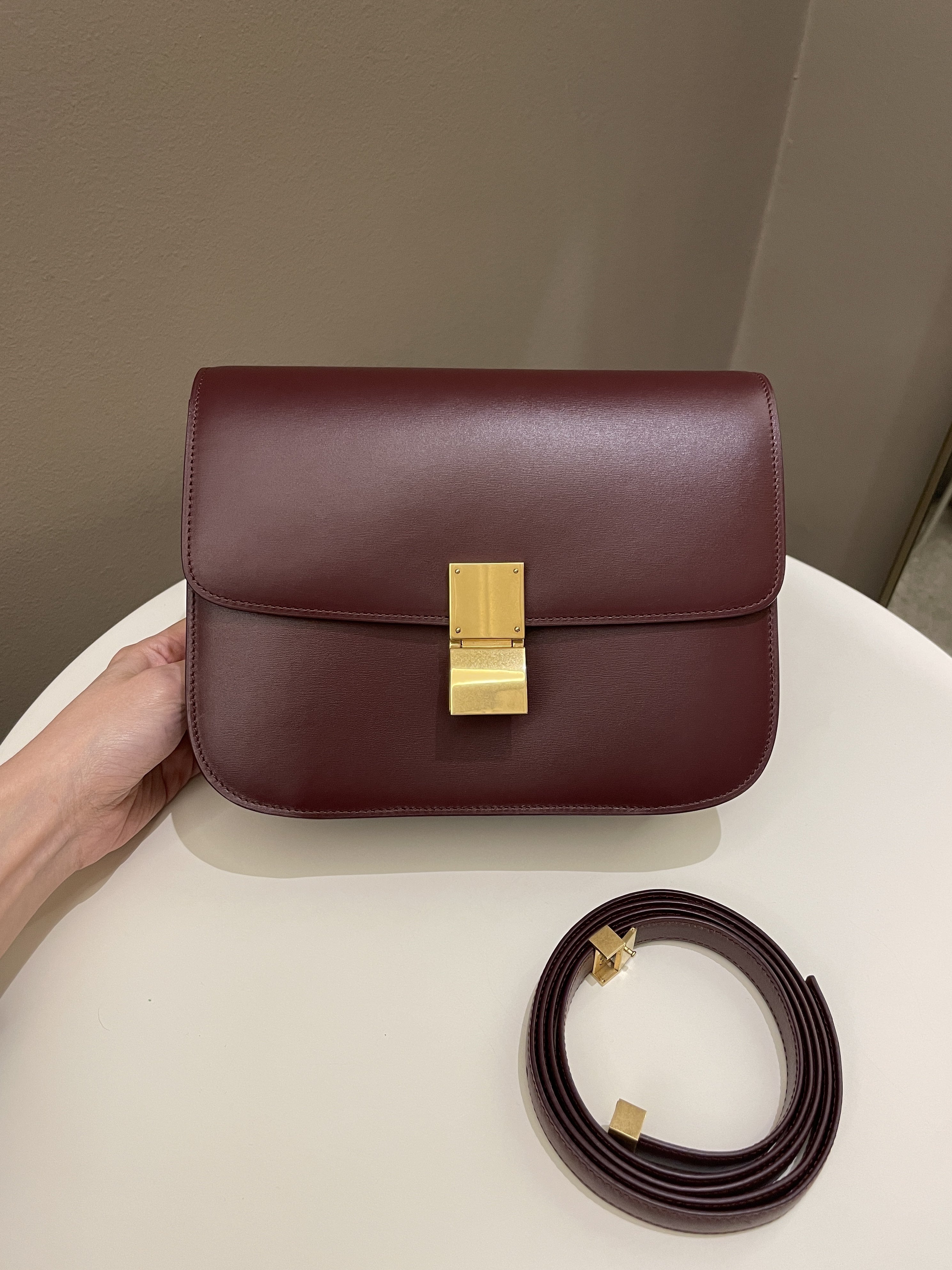 Celine Box Bag Burgundy Calfskin