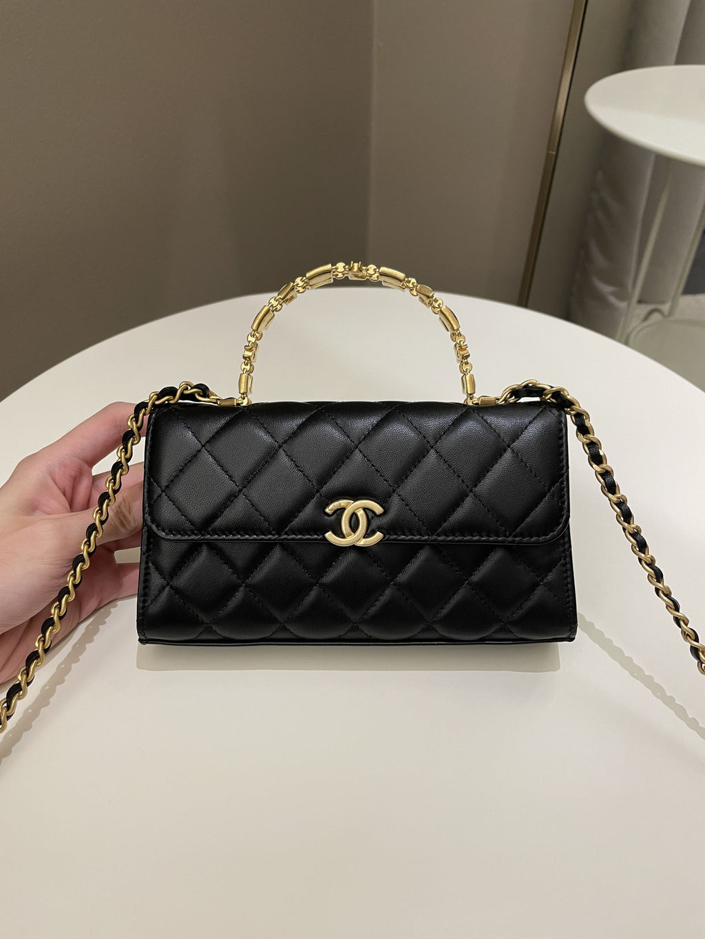 Chanel 22B Quilted Top Handle Flap Bag Black Lambskin