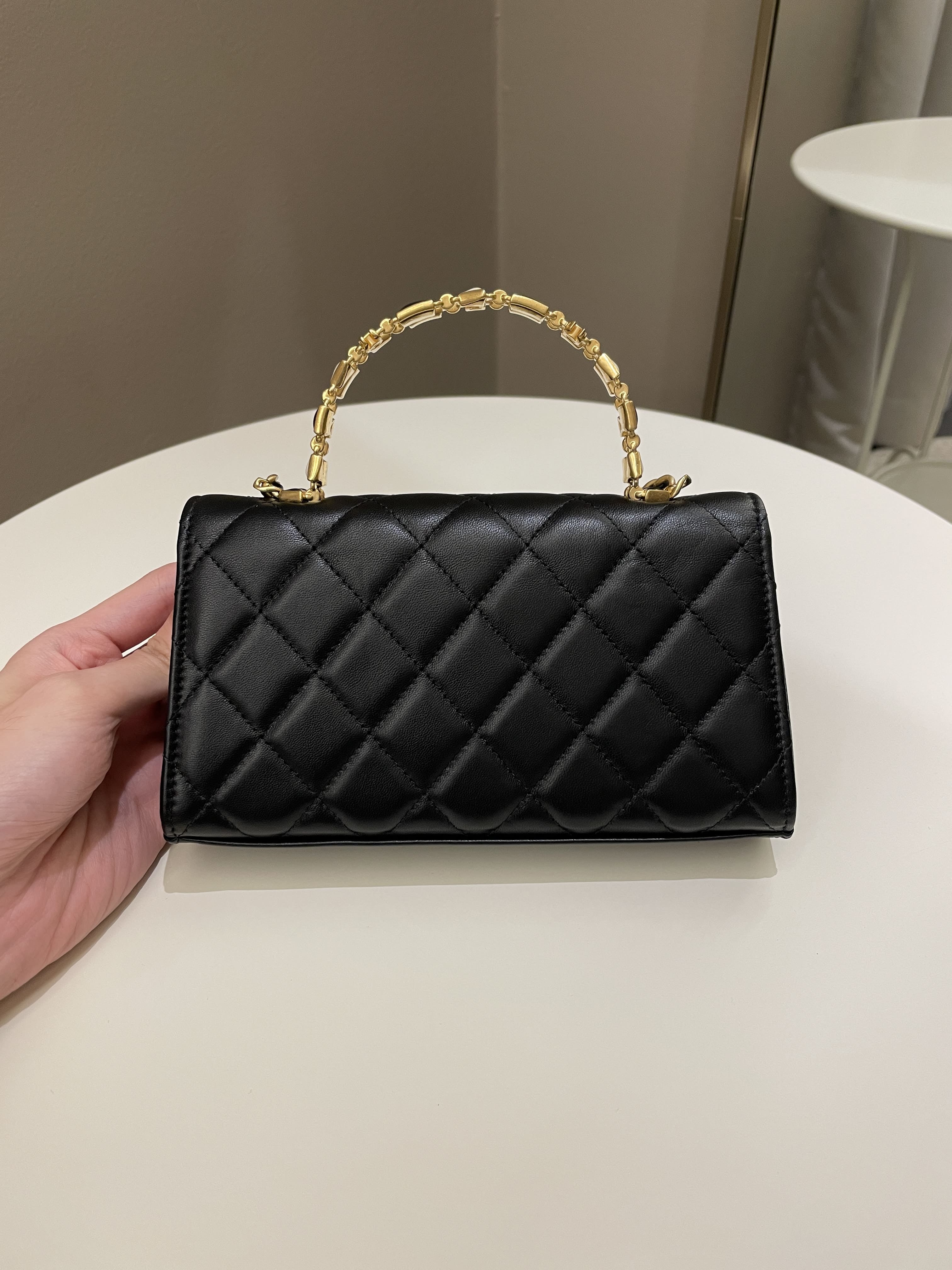 Chanel 22B Quilted Top Handle Flap Bag Black Lambskin