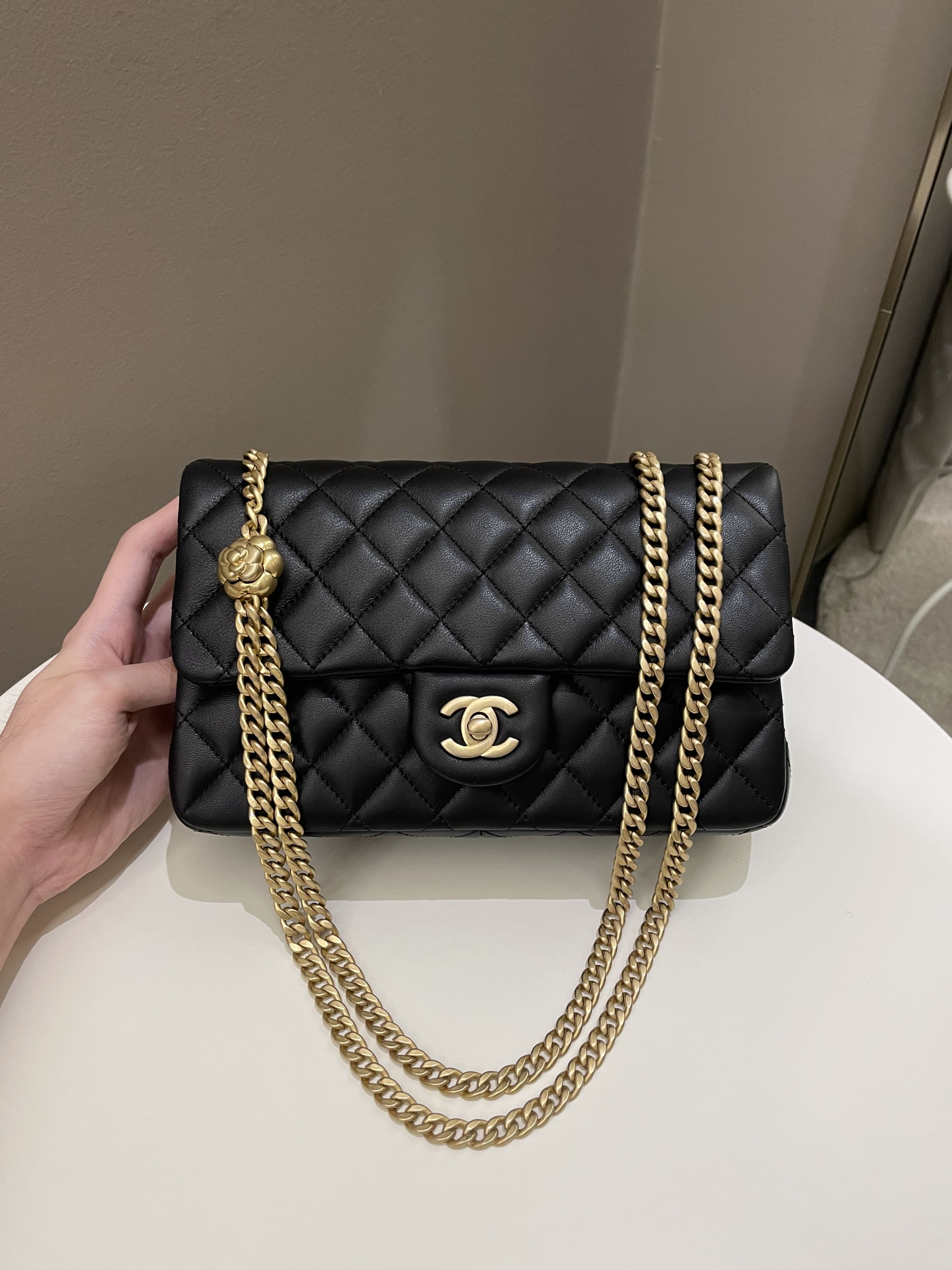 Chanel 23S Camellia Black Stiff Lambskin
