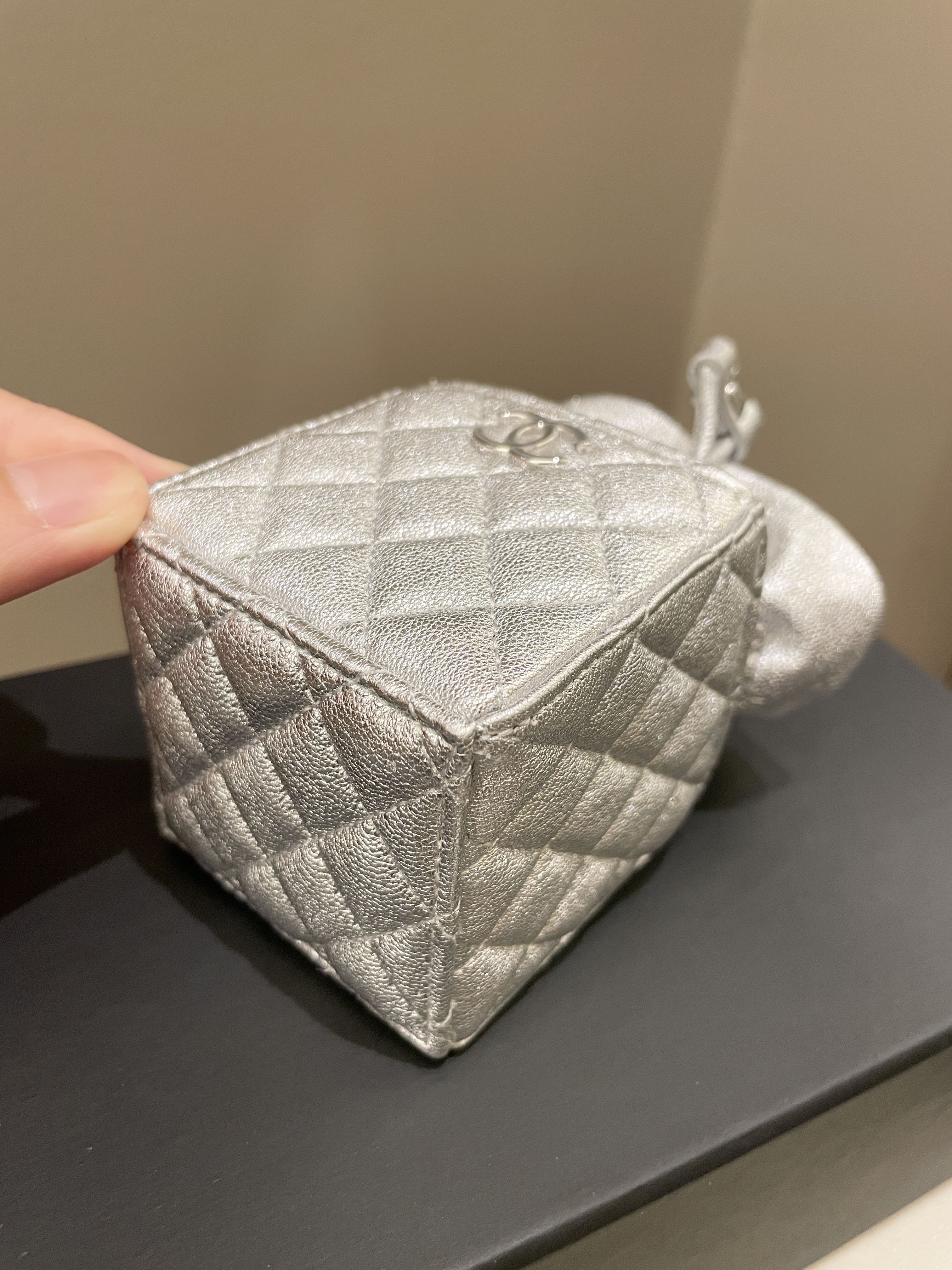 Chanel 22C Mini Clutch With Chain Metallic Silver Glazed Lambskin