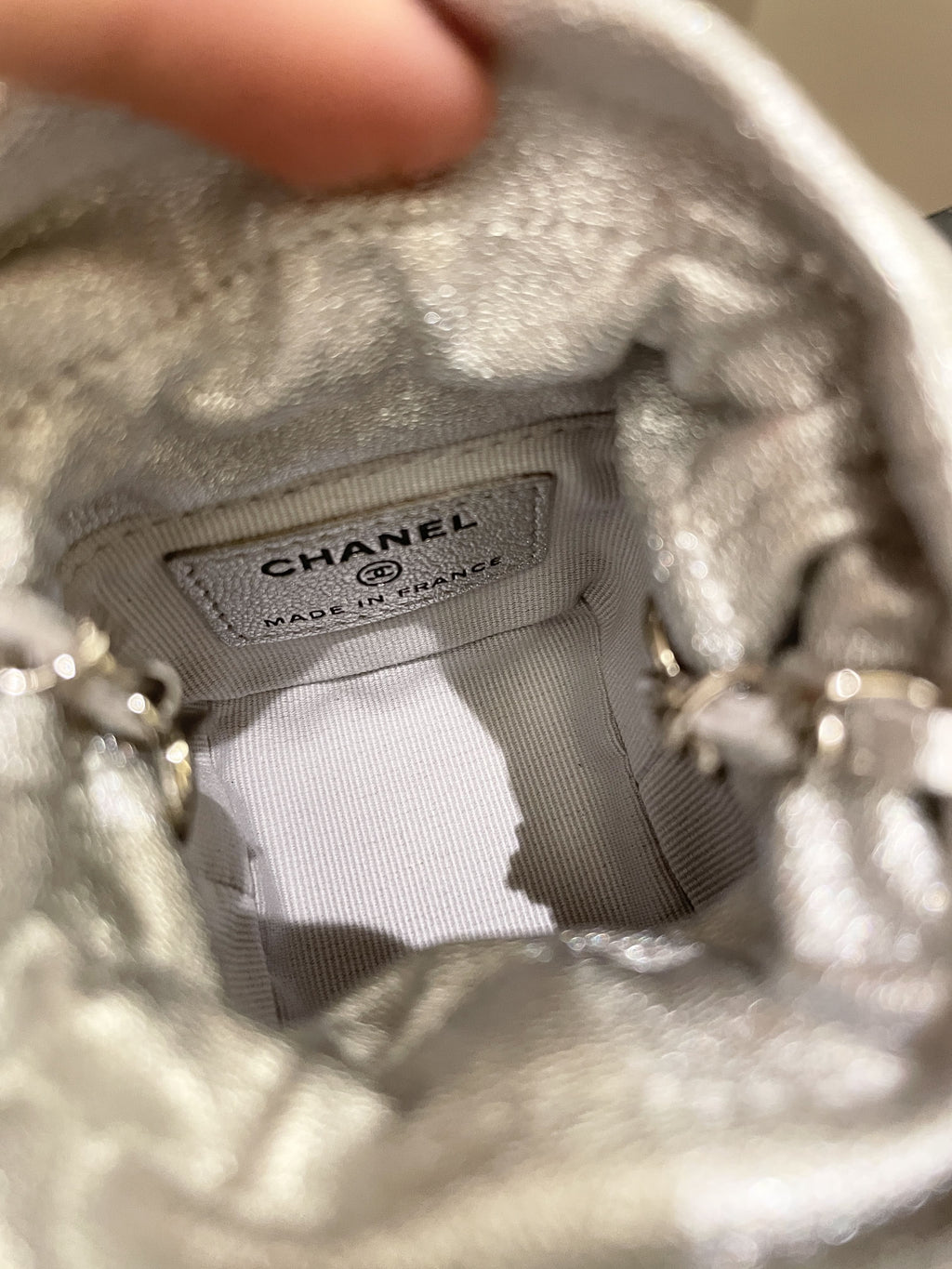 Chanel 22C Mini Clutch With Chain Metallic Silver Glazed Lambskin