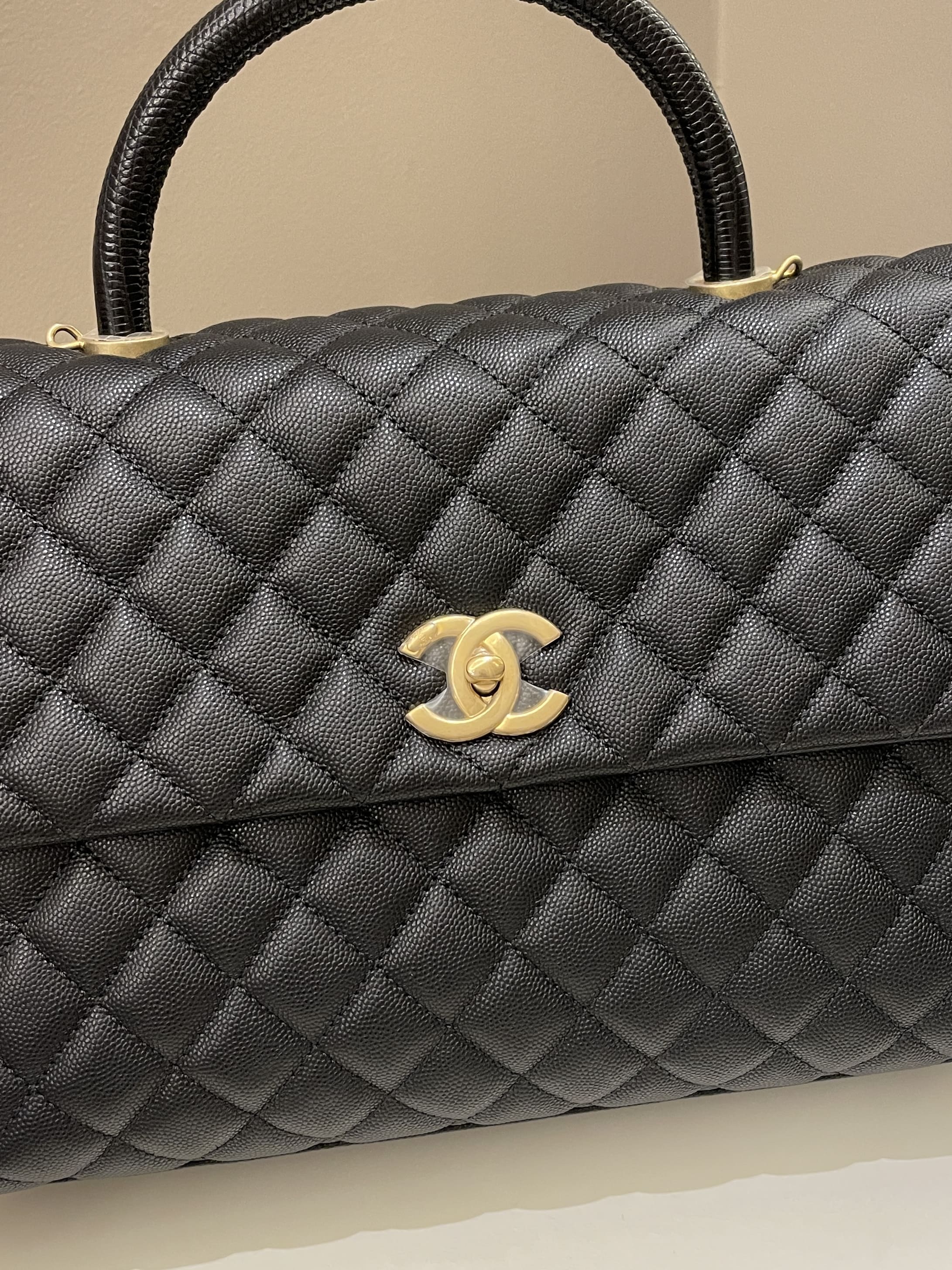 Chanel Classic Quilted Coco Lizard Handle Black Caviar