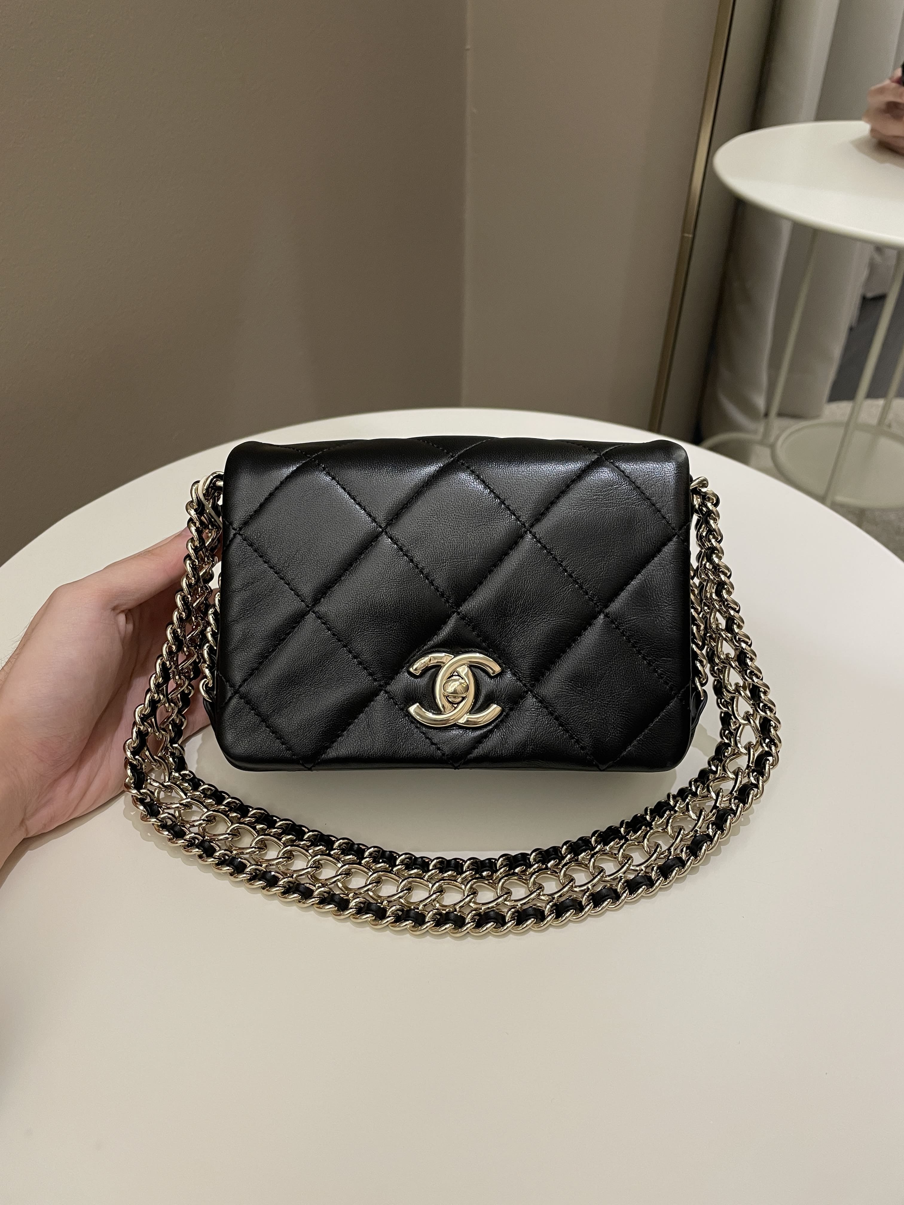 Chanel Chain Around Shoulder Flap Black Coated Lambskin