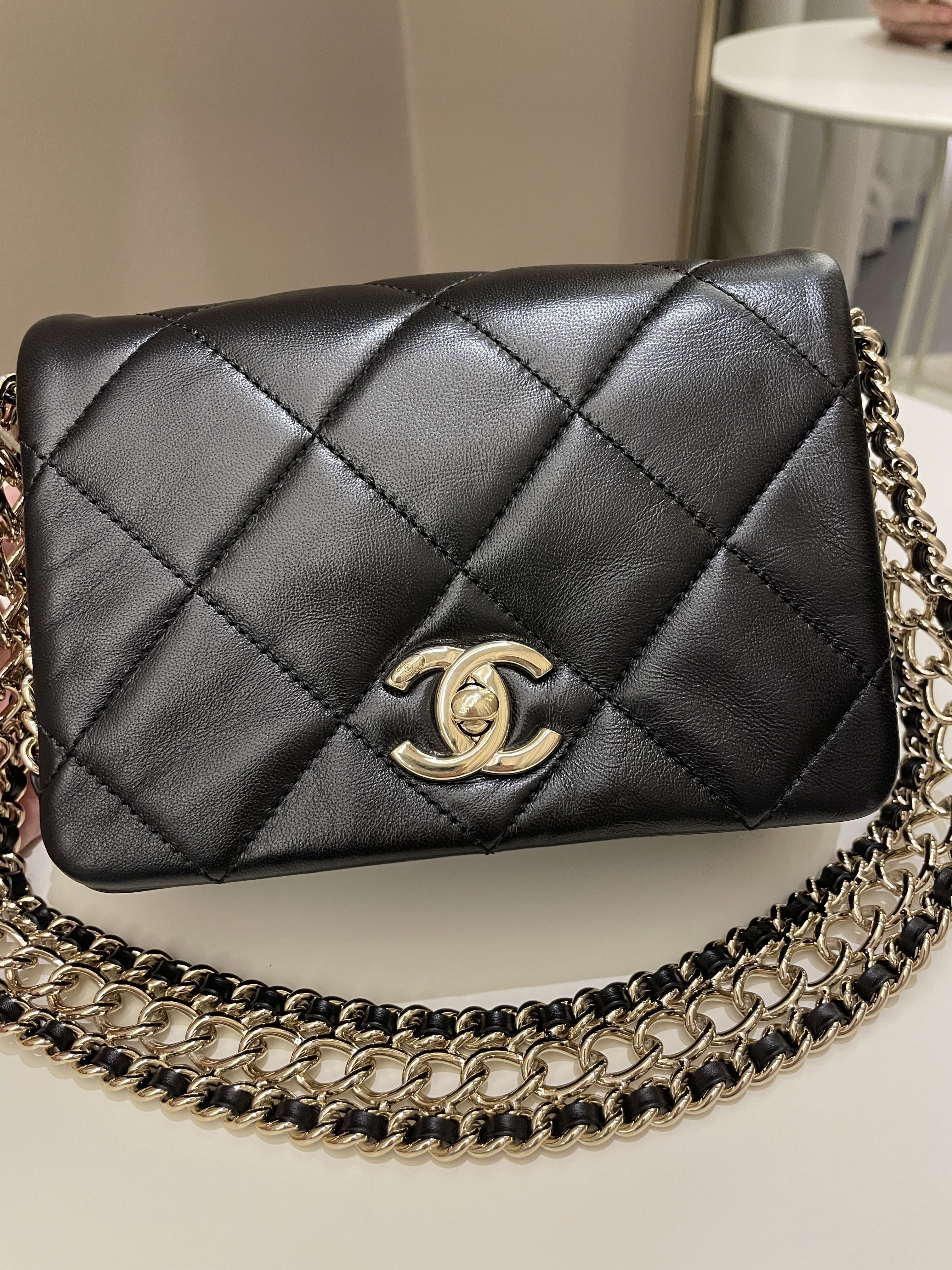 Chanel Chain Around Shoulder Flap Black Coated Lambskin