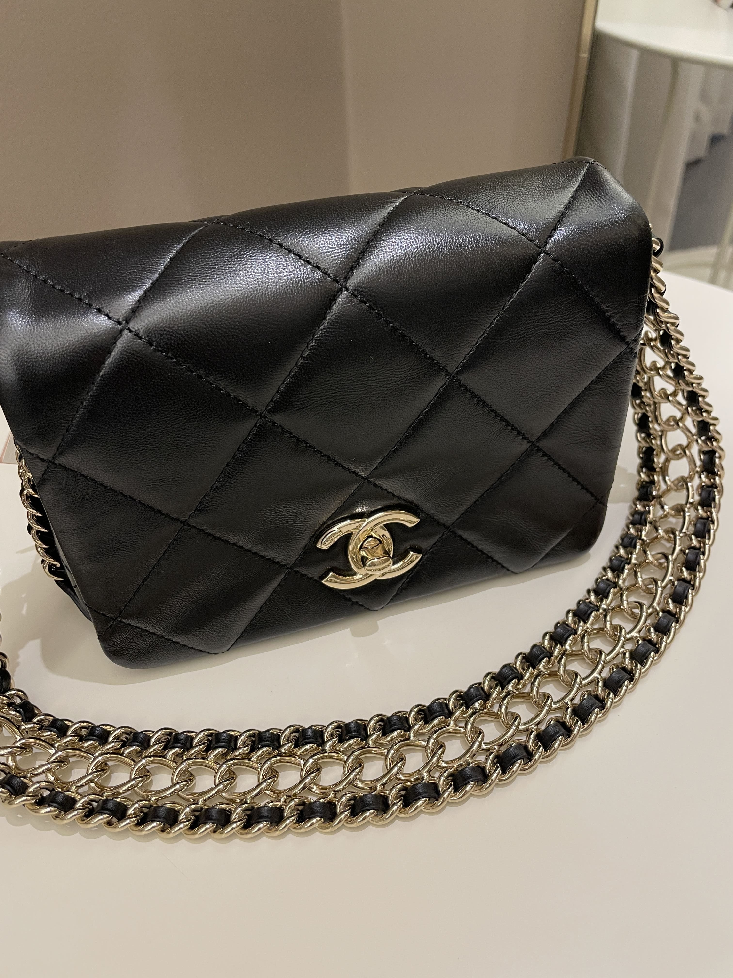 Chanel Chain Around Shoulder Flap Black Coated Lambskin