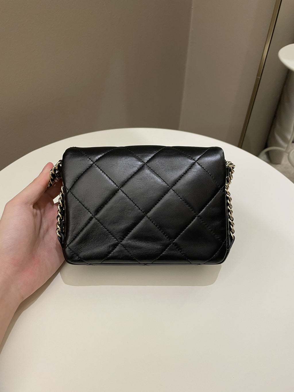 Chanel Chain Around Shoulder Flap Black Coated Lambskin