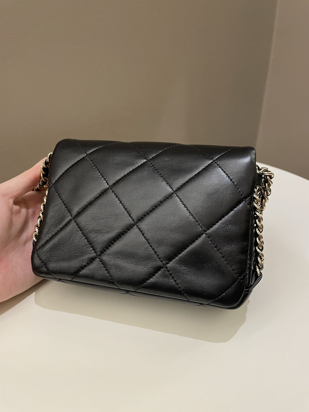 Chanel Chain Around Shoulder Flap Black Coated Lambskin