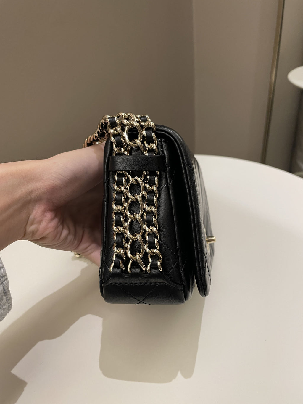 Chanel Chain Around Shoulder Flap Black Coated Lambskin