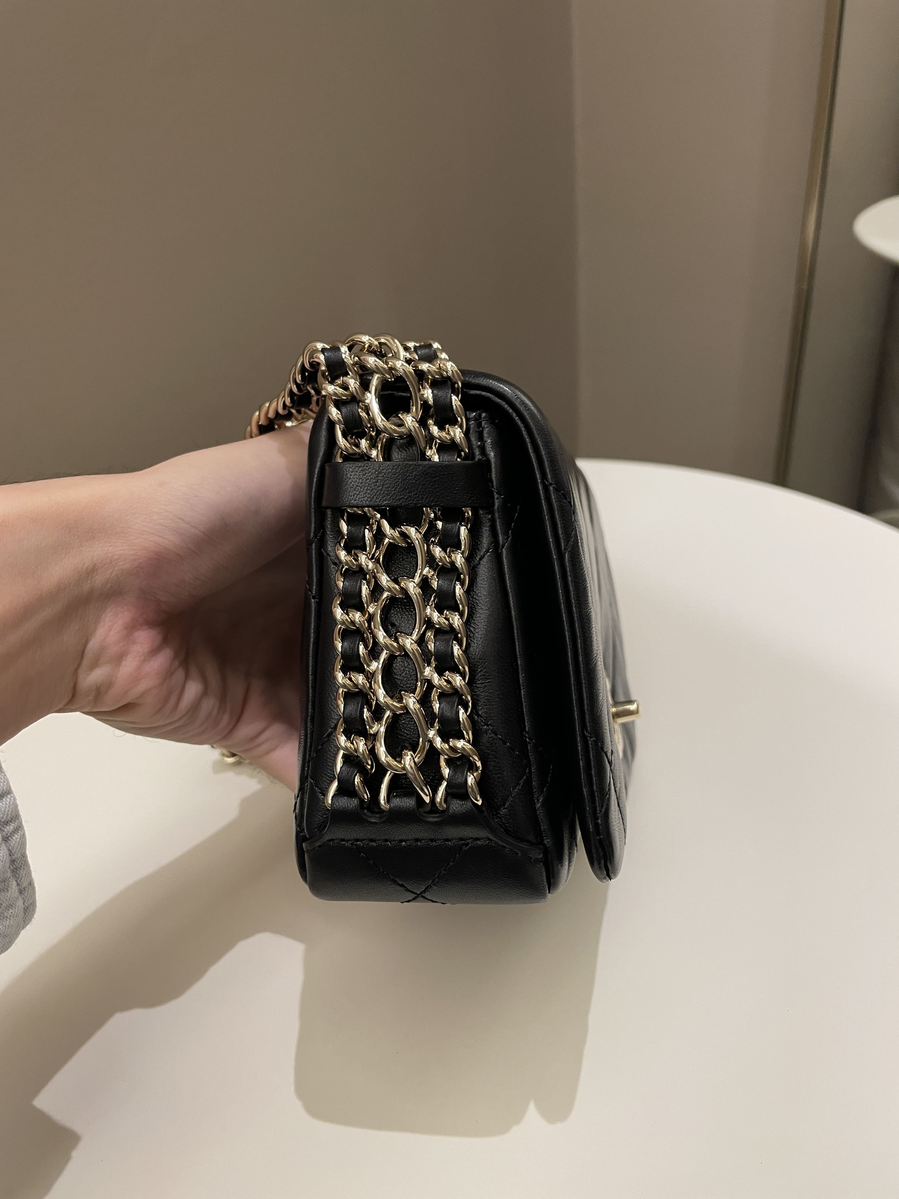 Chanel Chain Around Shoulder Flap Black Coated Lambskin