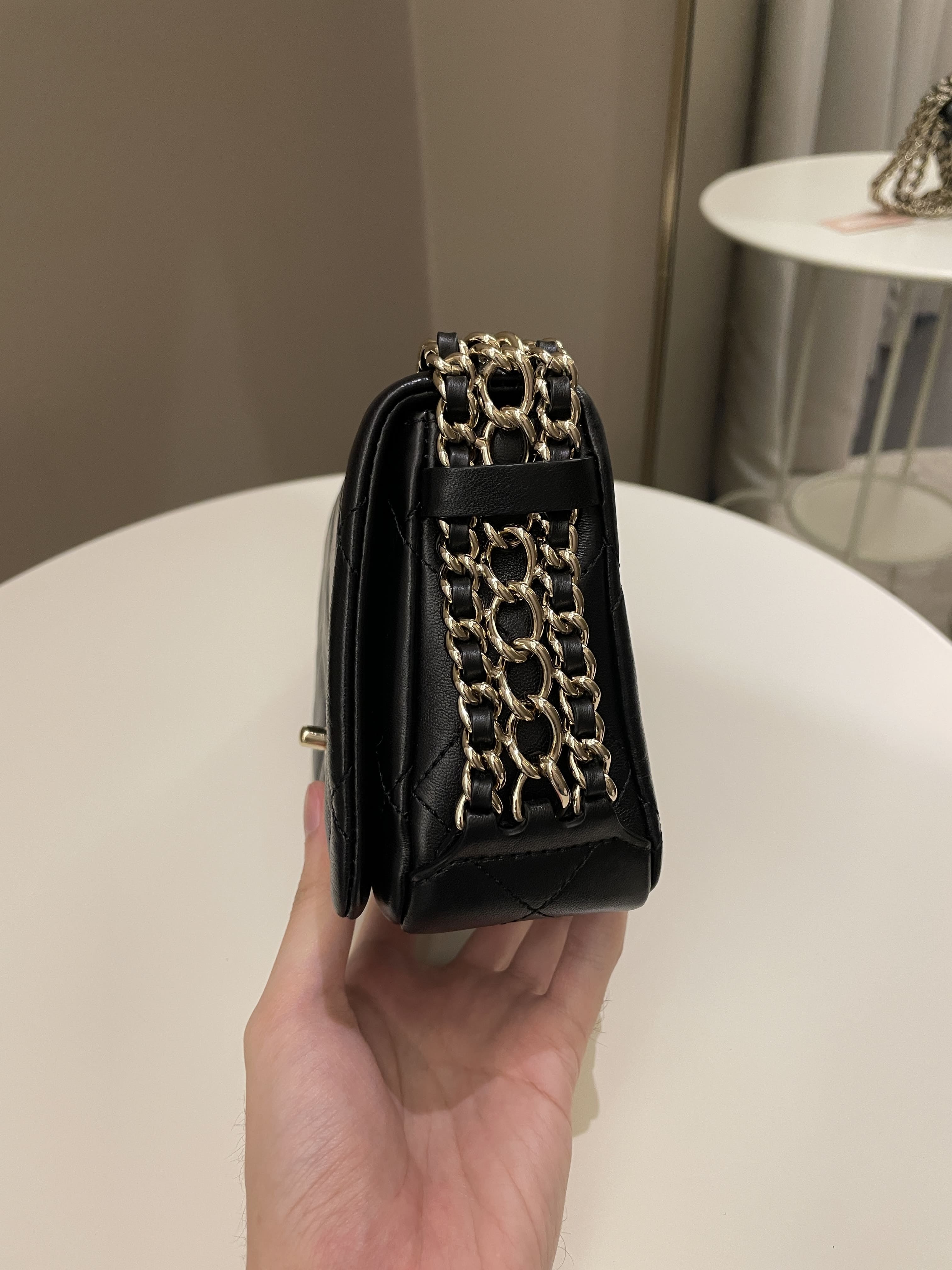 Chanel Chain Around Shoulder Flap Black Coated Lambskin