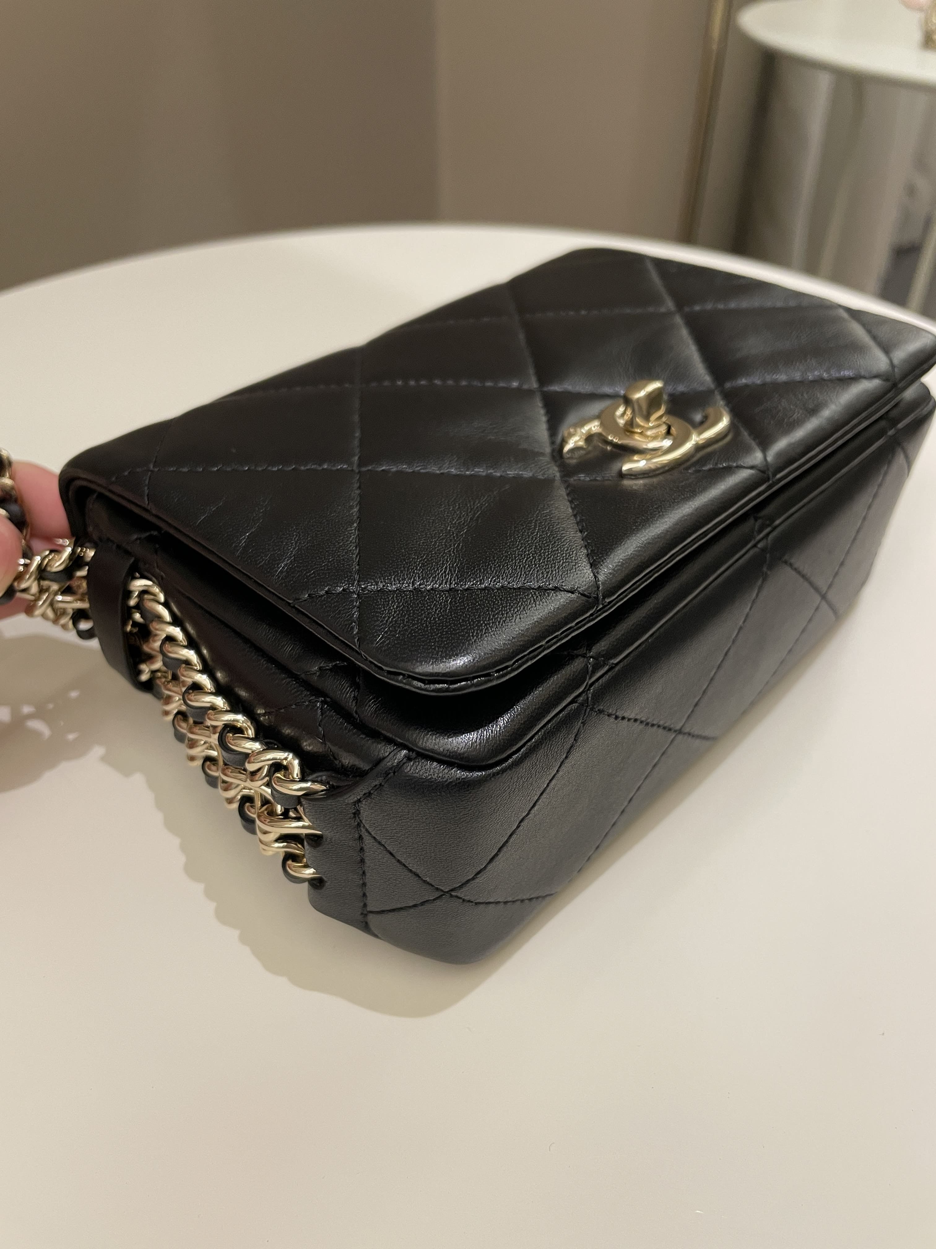 Chanel Chain Around Shoulder Flap Black Coated Lambskin
