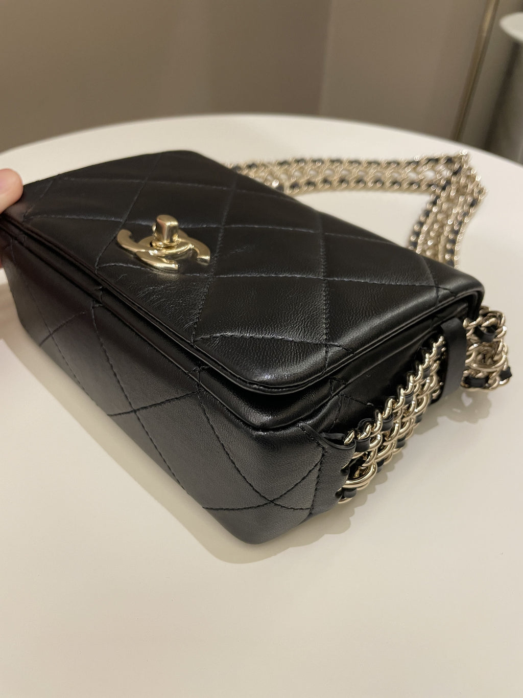 Chanel Chain Around Shoulder Flap Black Coated Lambskin