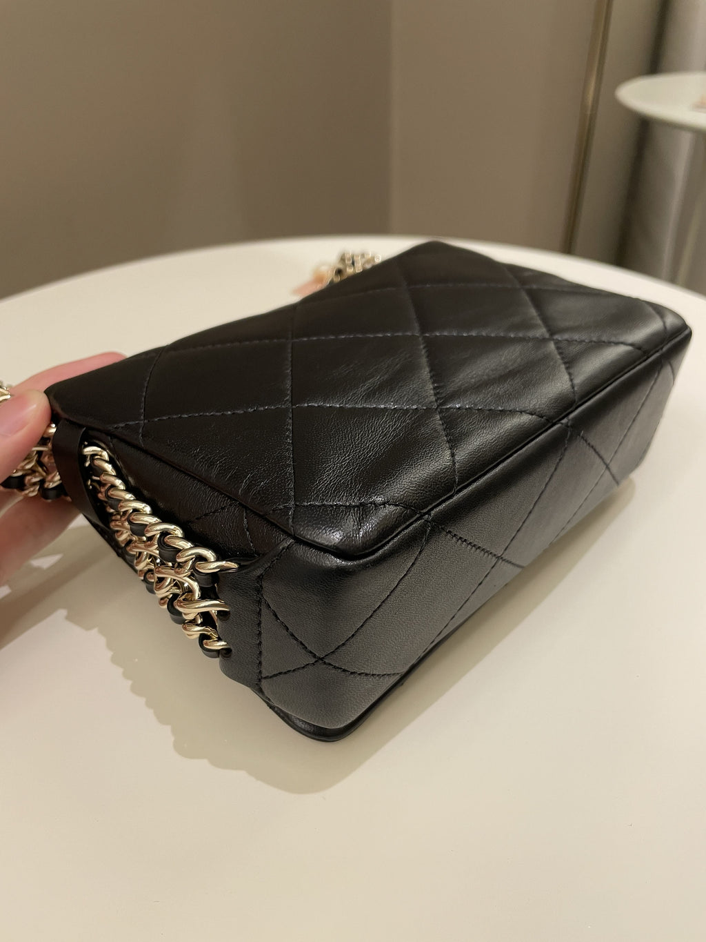 Chanel Chain Around Shoulder Flap Black Coated Lambskin