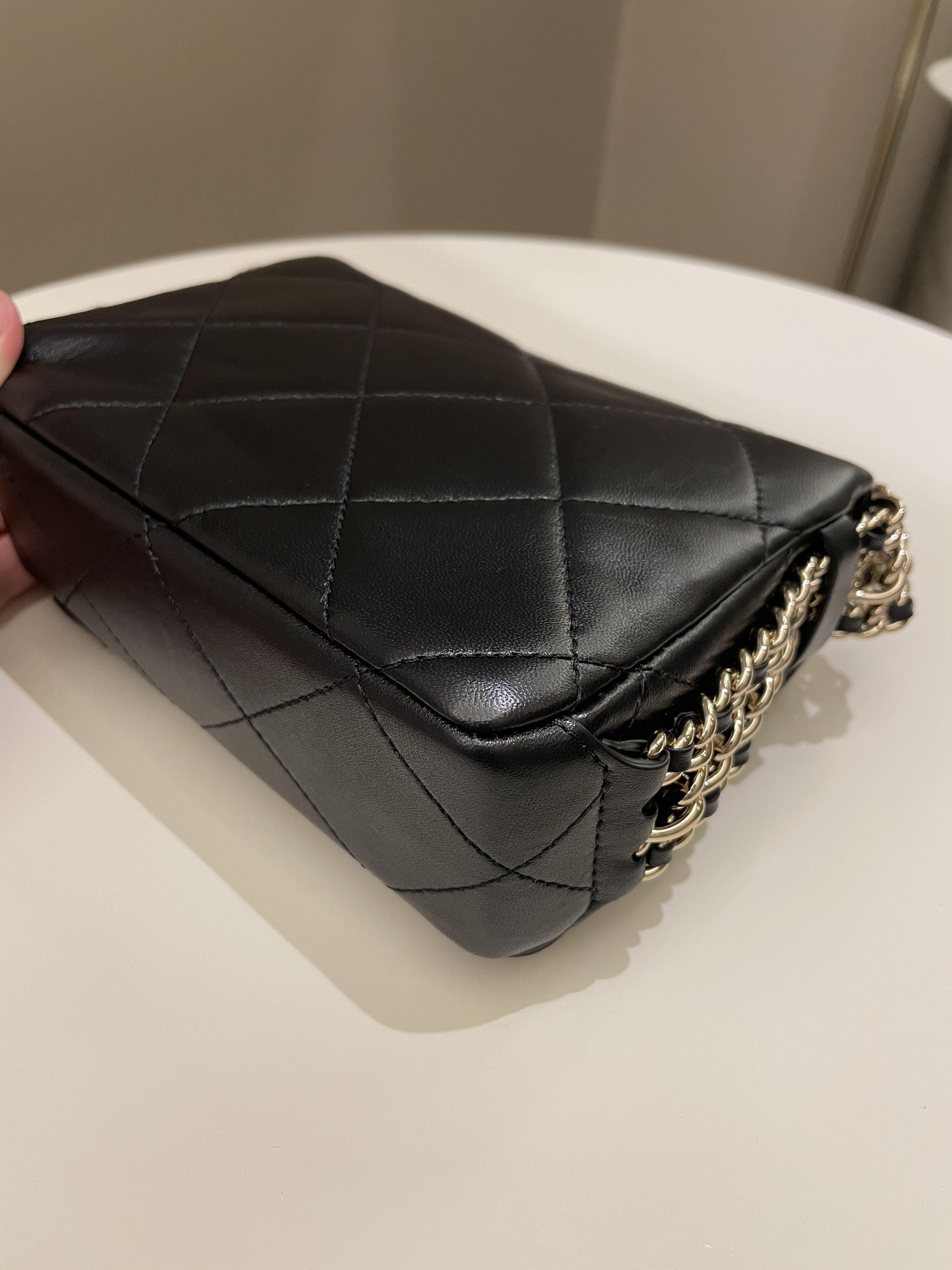 Chanel Chain Around Shoulder Flap Black Coated Lambskin