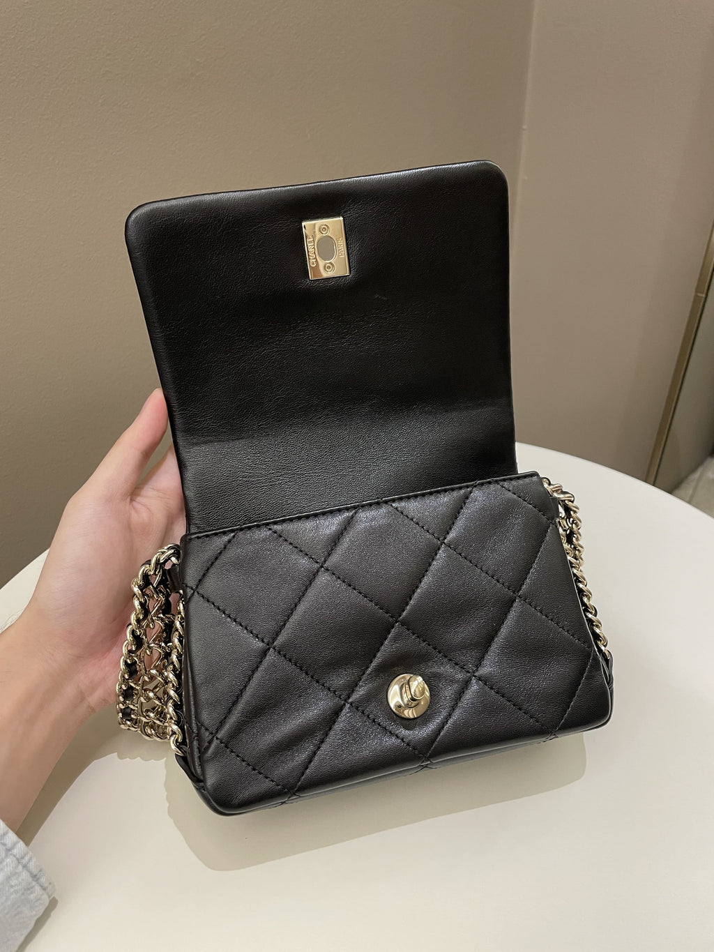 Chanel Chain Around Shoulder Flap Black Coated Lambskin