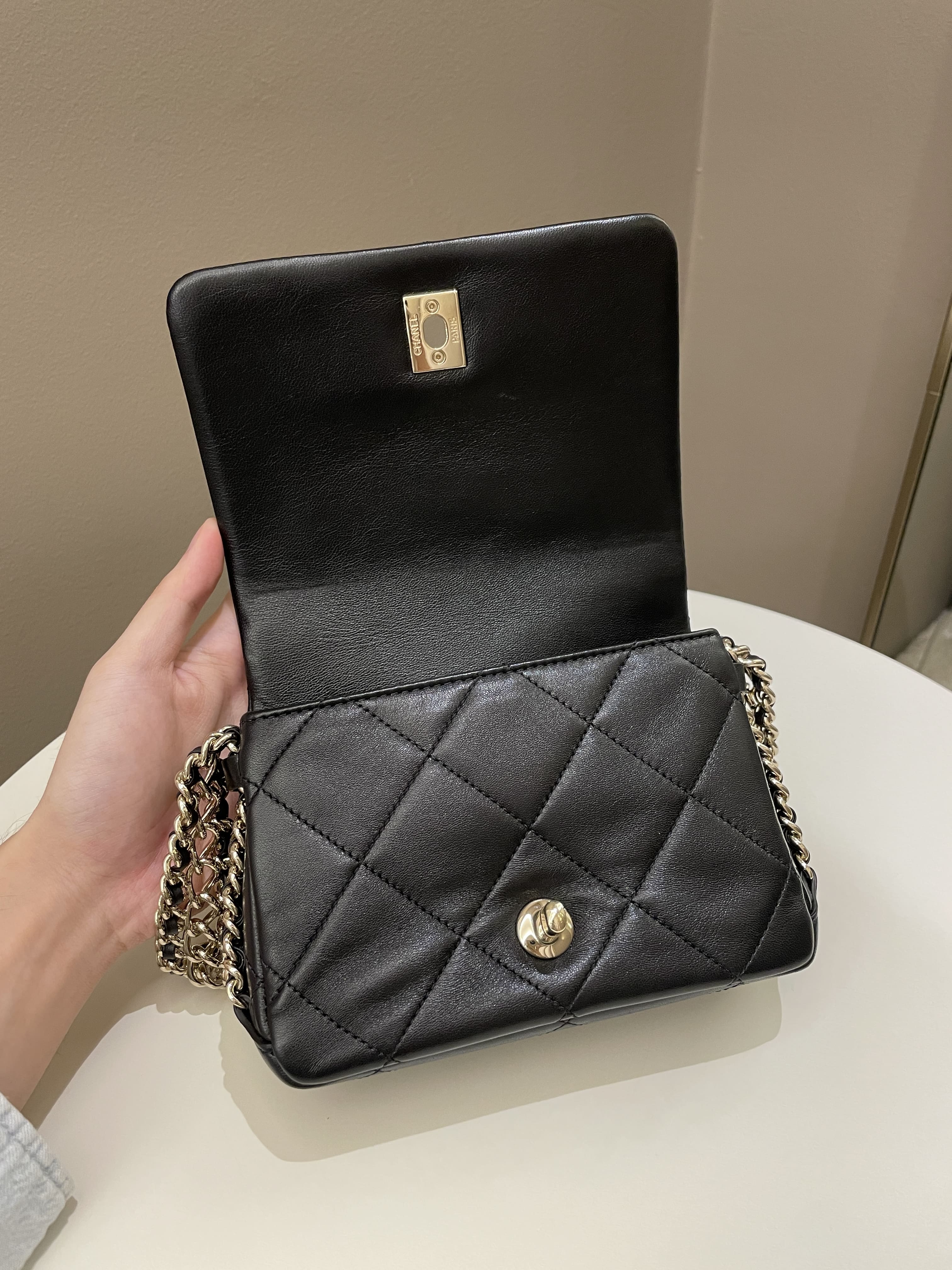 Chanel Chain Around Shoulder Flap Black Coated Lambskin