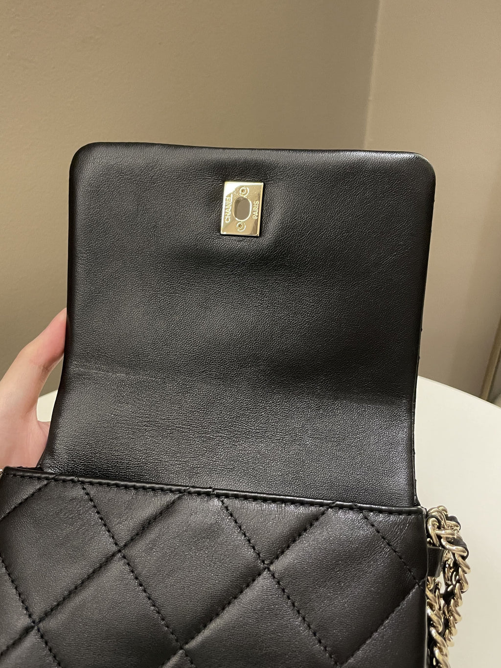 Chanel Chain Around Shoulder Flap Black Coated Lambskin