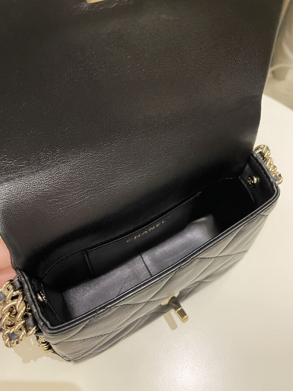 Chanel Chain Around Shoulder Flap Black Coated Lambskin