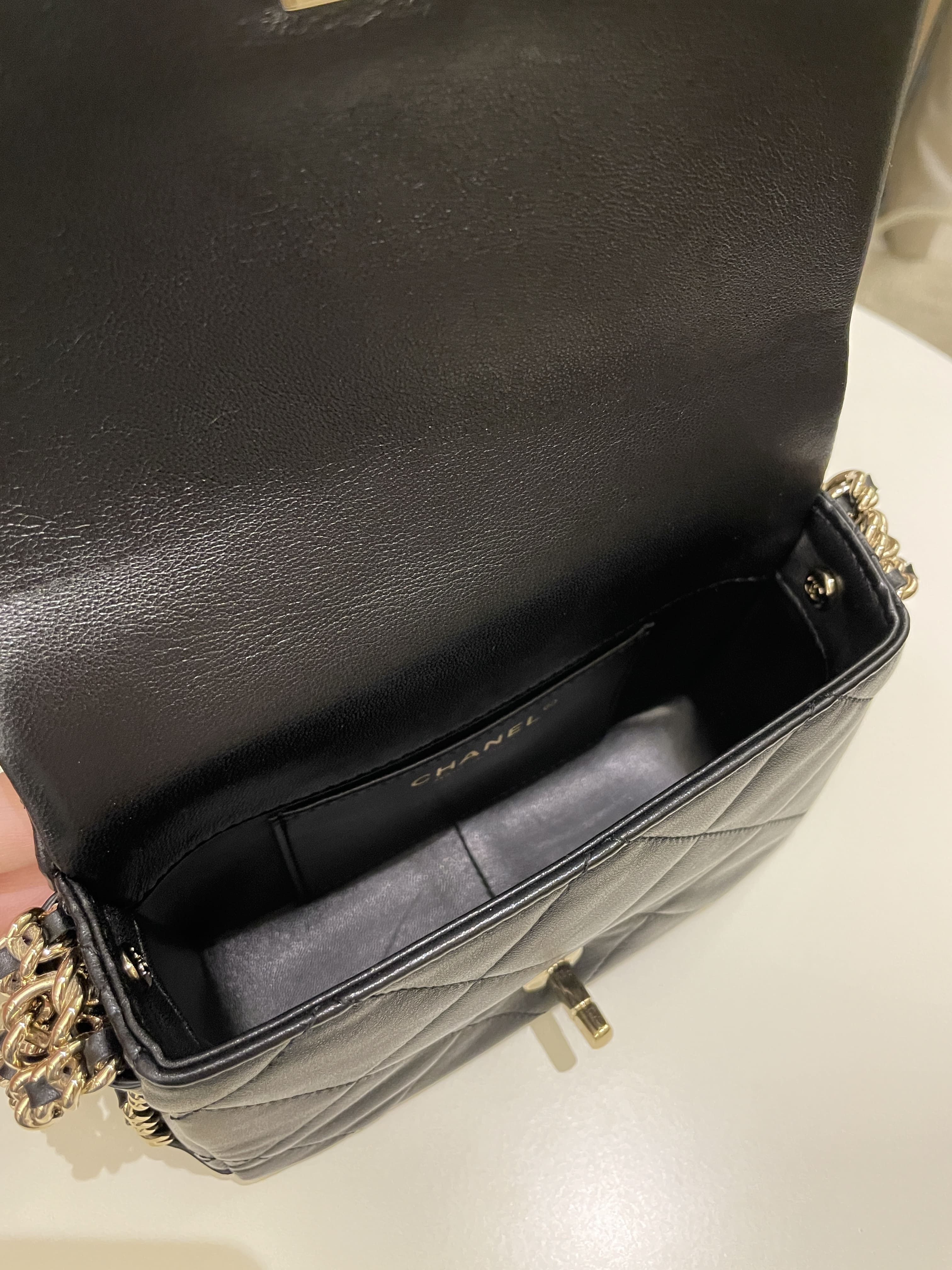 Chanel Chain Around Shoulder Flap Black Coated Lambskin