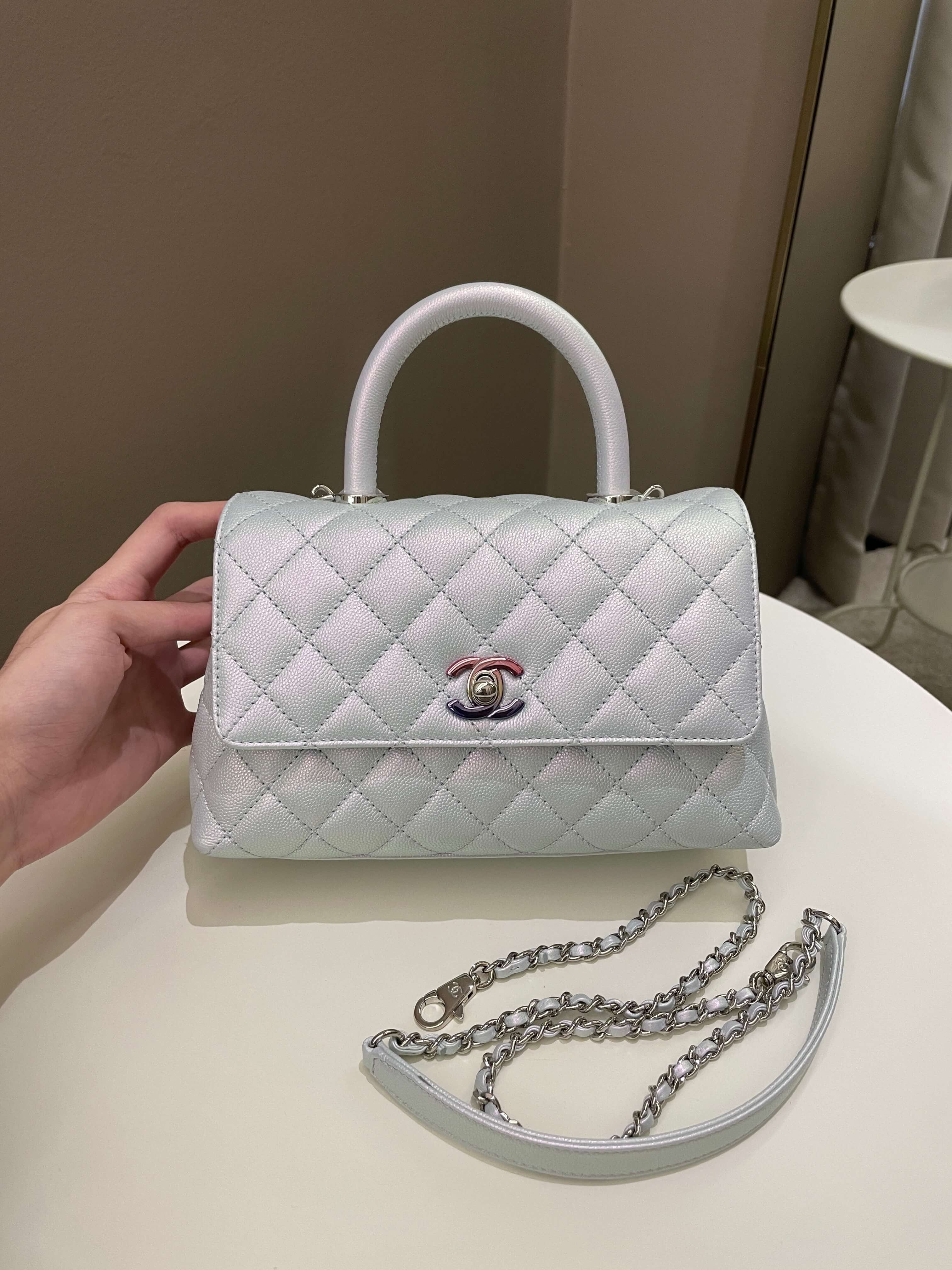 Chanel 21K Quilted Coco Handle Blue Iridescent Caviar