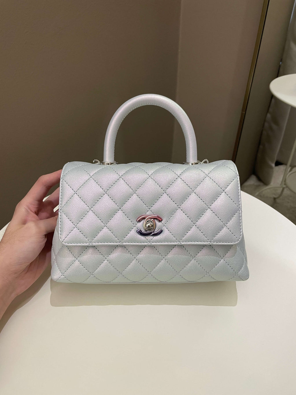 Chanel 21K Quilted Coco Handle Blue Iridescent Caviar