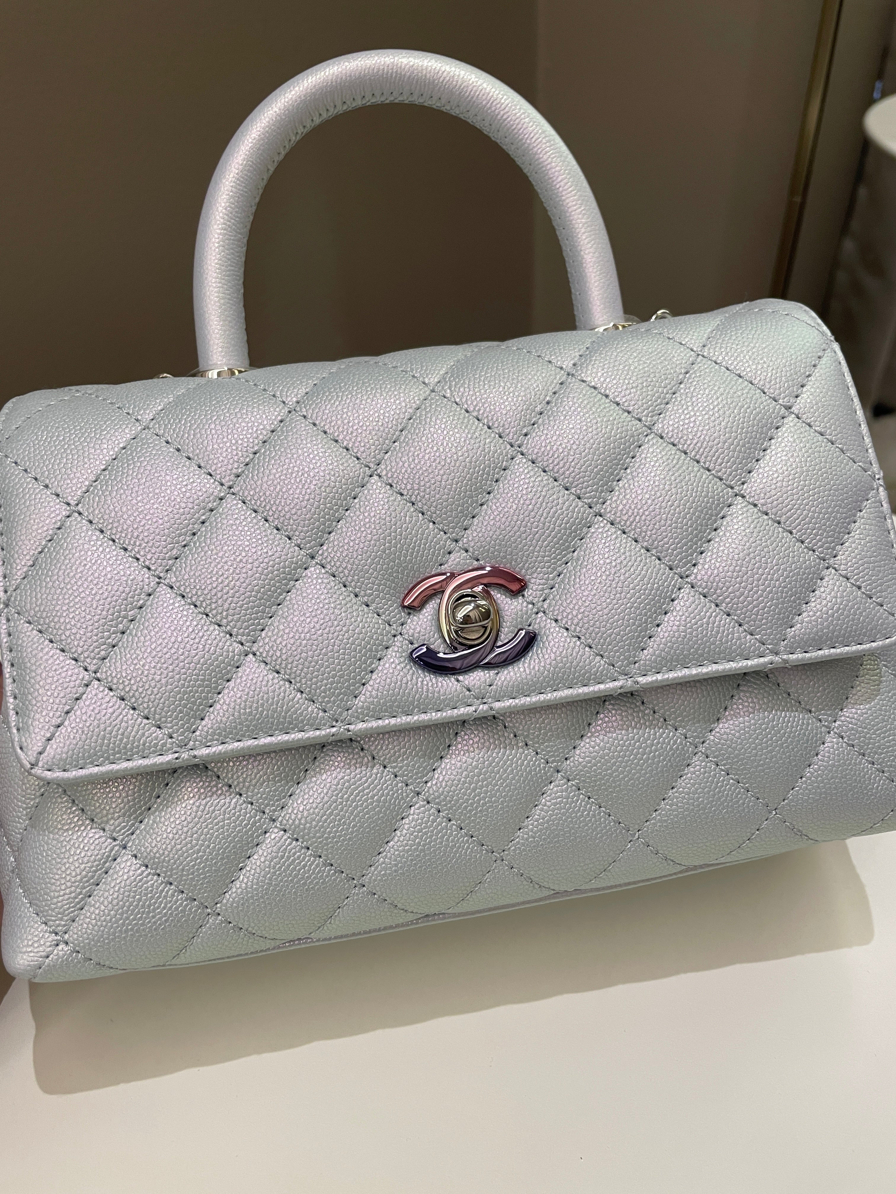 Chanel 21K Quilted Coco Handle Blue Iridescent Caviar