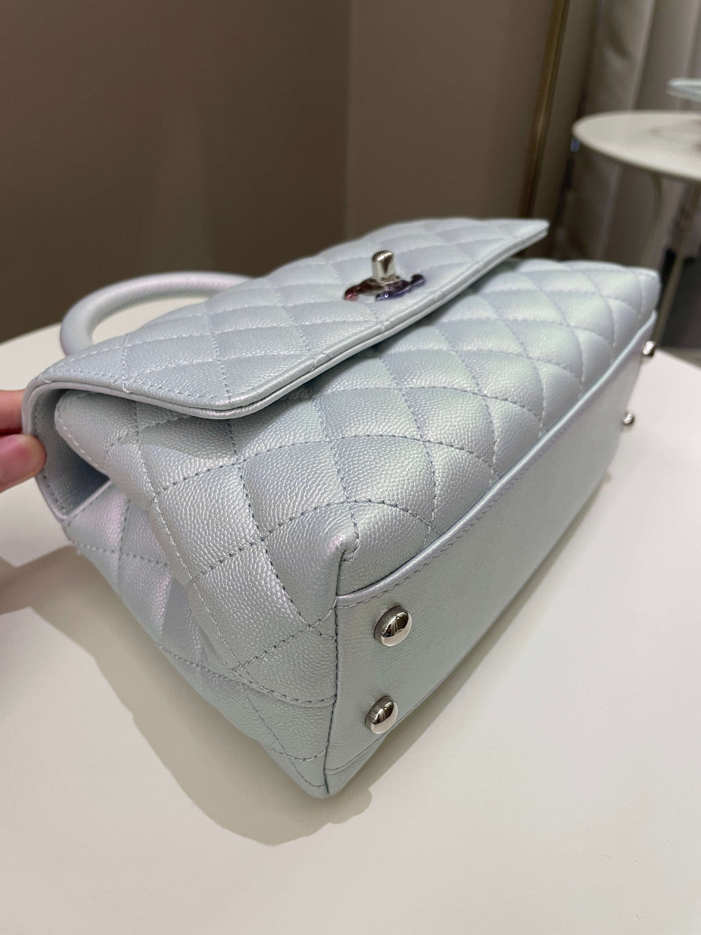 Chanel 21K Quilted Coco Handle Blue Iridescent Caviar