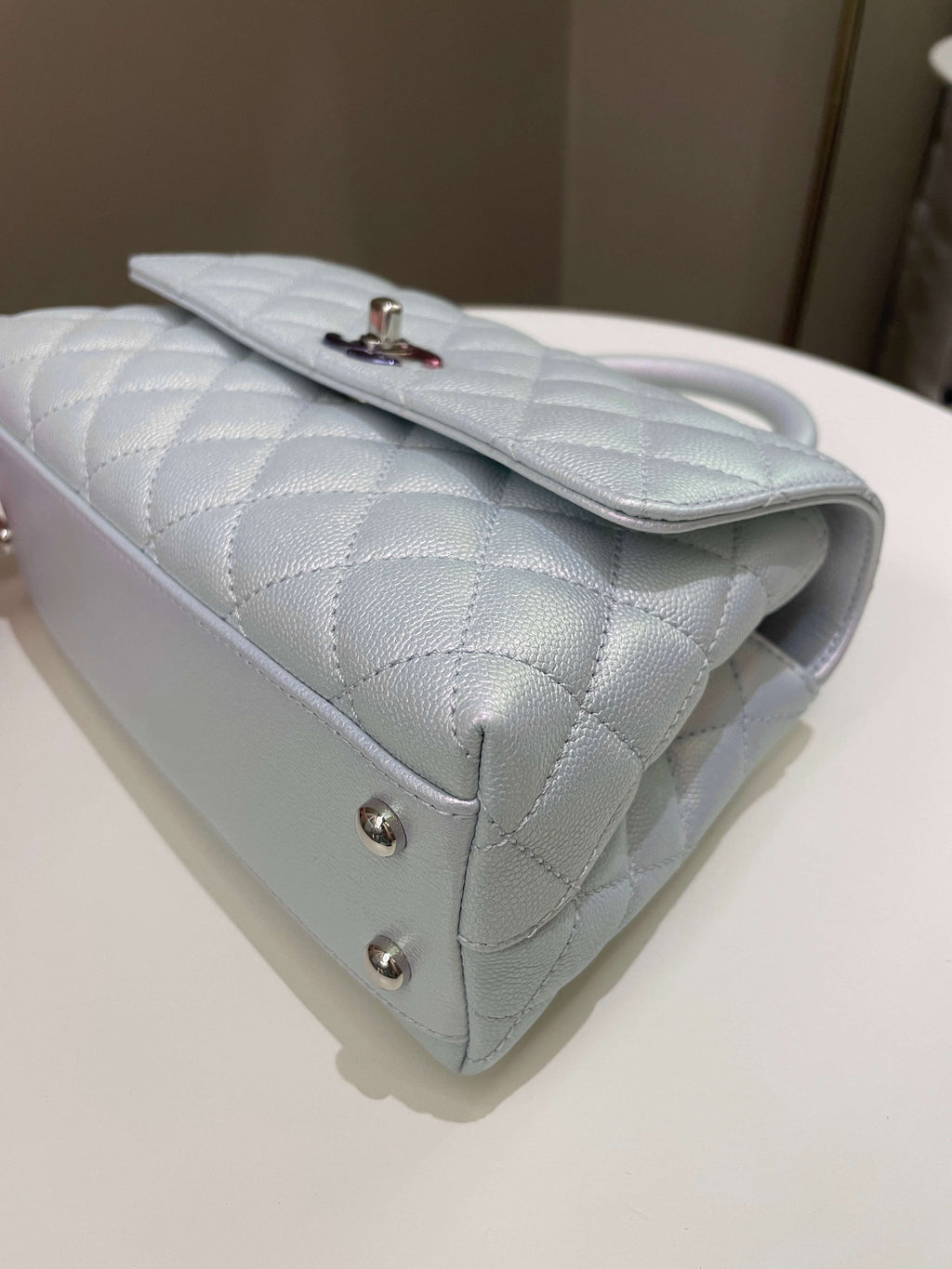 Chanel 21K Quilted Coco Handle Blue Iridescent Caviar