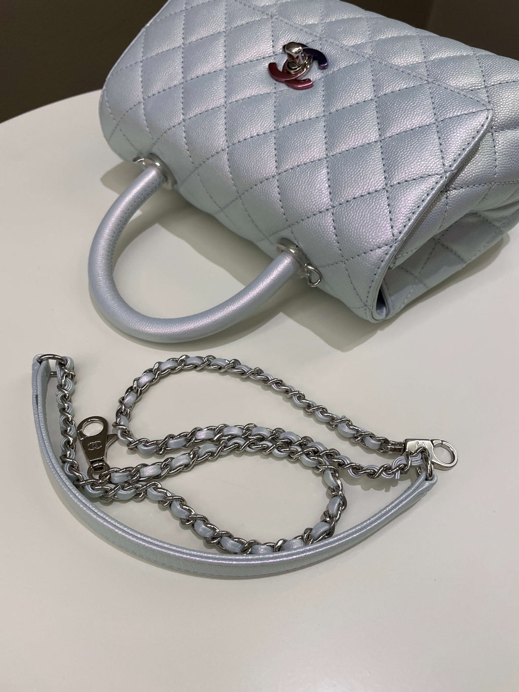 Chanel 21K Quilted Coco Handle Blue Iridescent Caviar