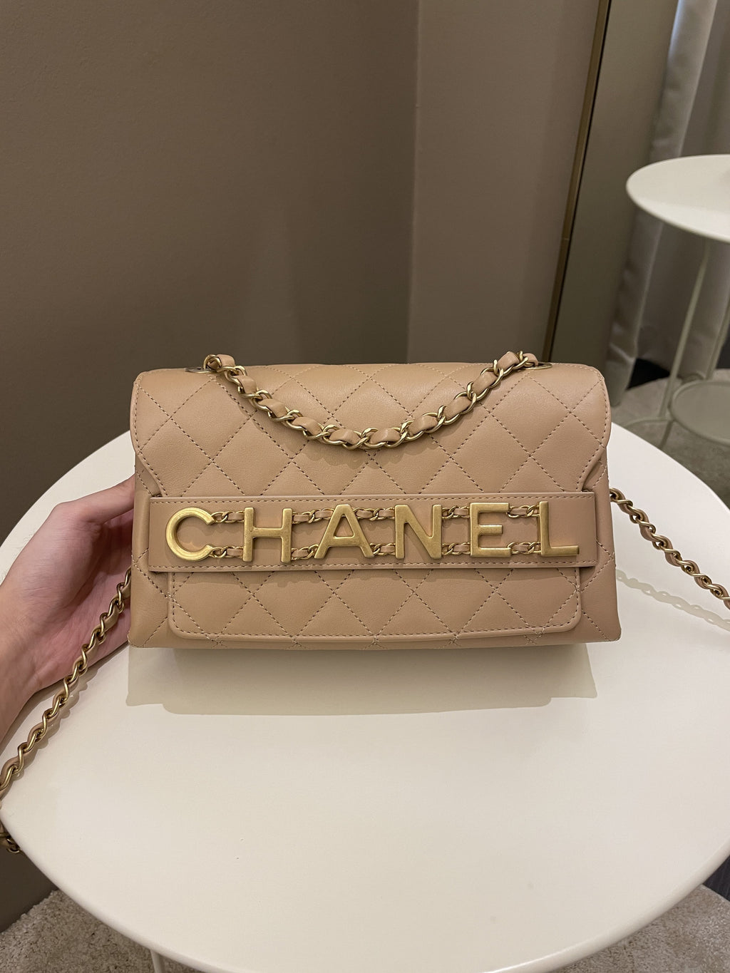 Chanel C H A N E L Lettering Flap Dark Beige Calfskin