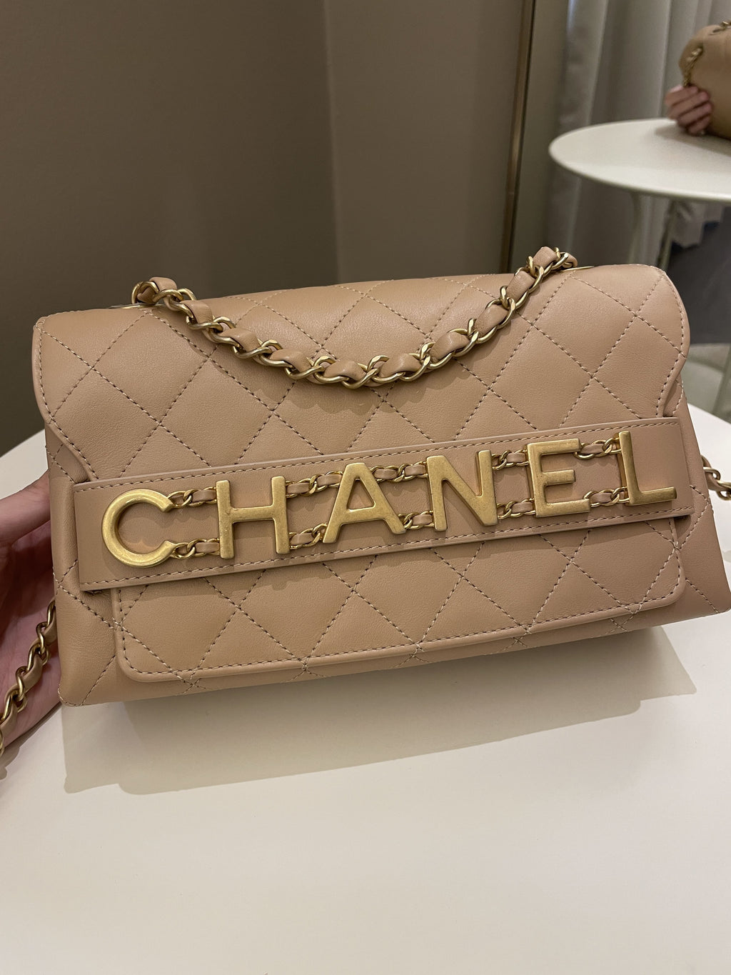 Chanel C H A N E L Lettering Flap Dark Beige Calfskin
