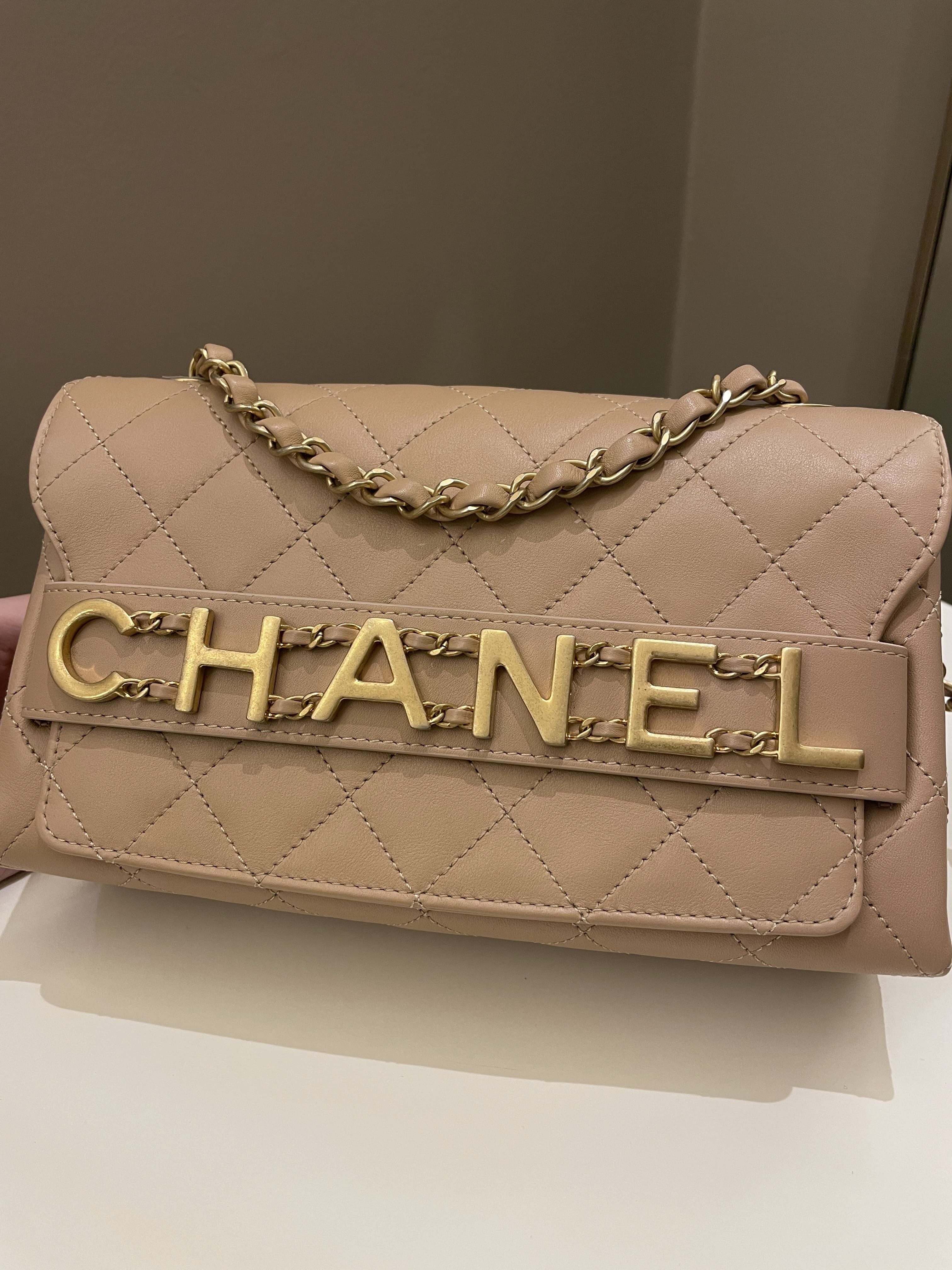 Chanel C H A N E L Lettering Flap Dark Beige Calfskin