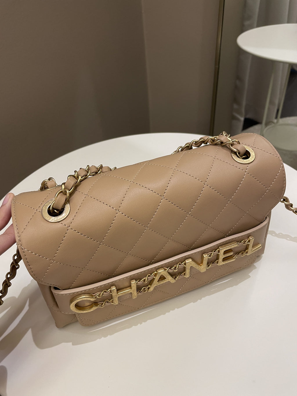 Chanel C H A N E L Lettering Flap Dark Beige Calfskin