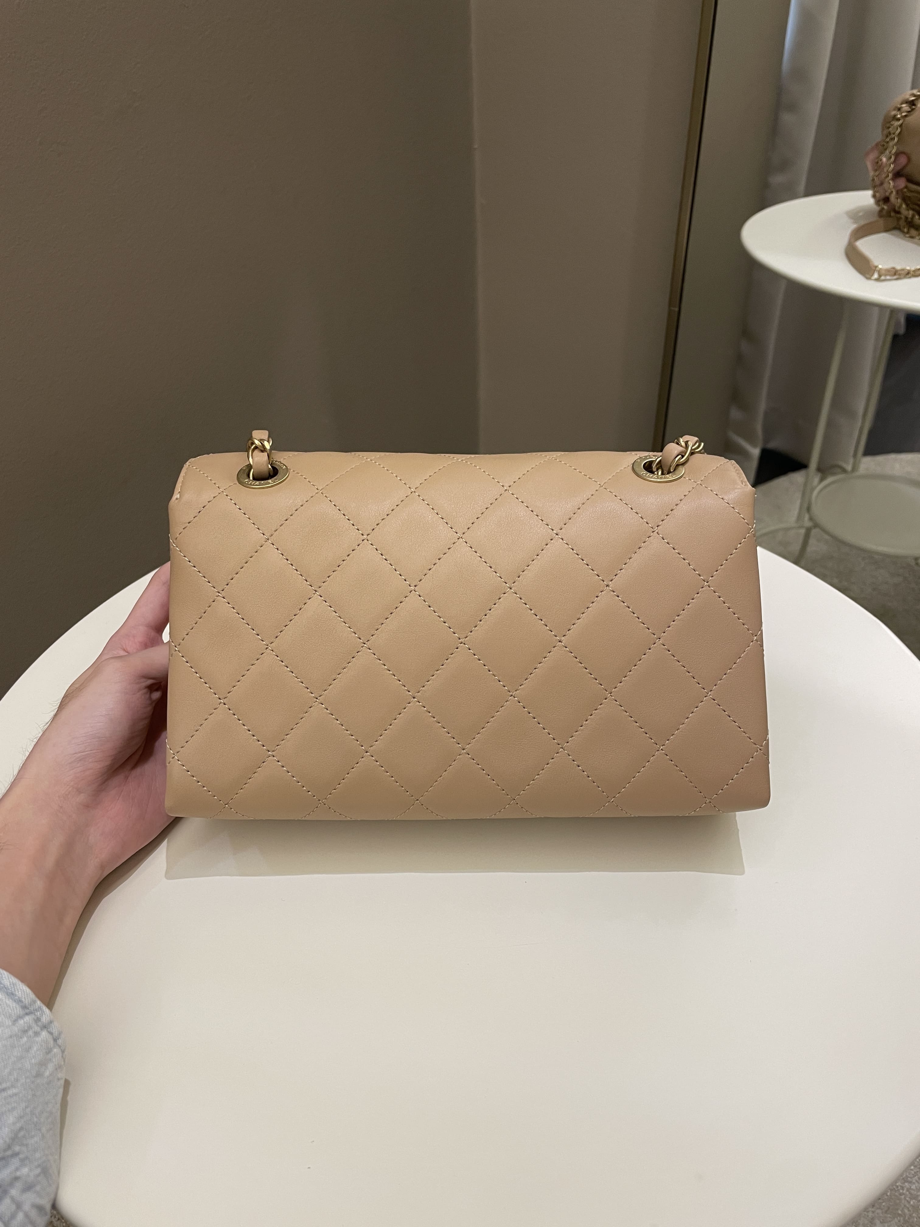 Chanel C H A N E L Lettering Flap Dark Beige Calfskin