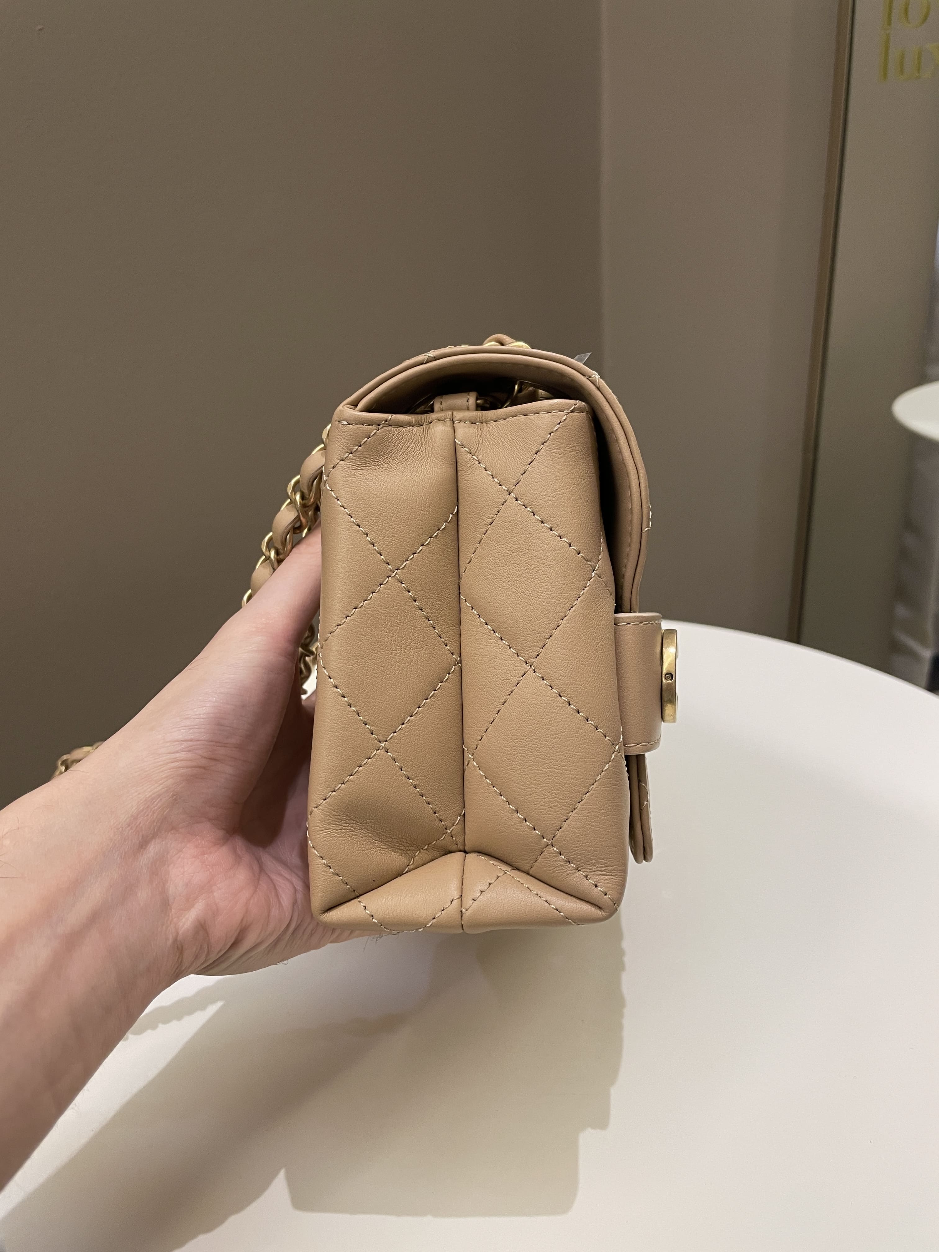 Chanel C H A N E L Lettering Flap Dark Beige Calfskin