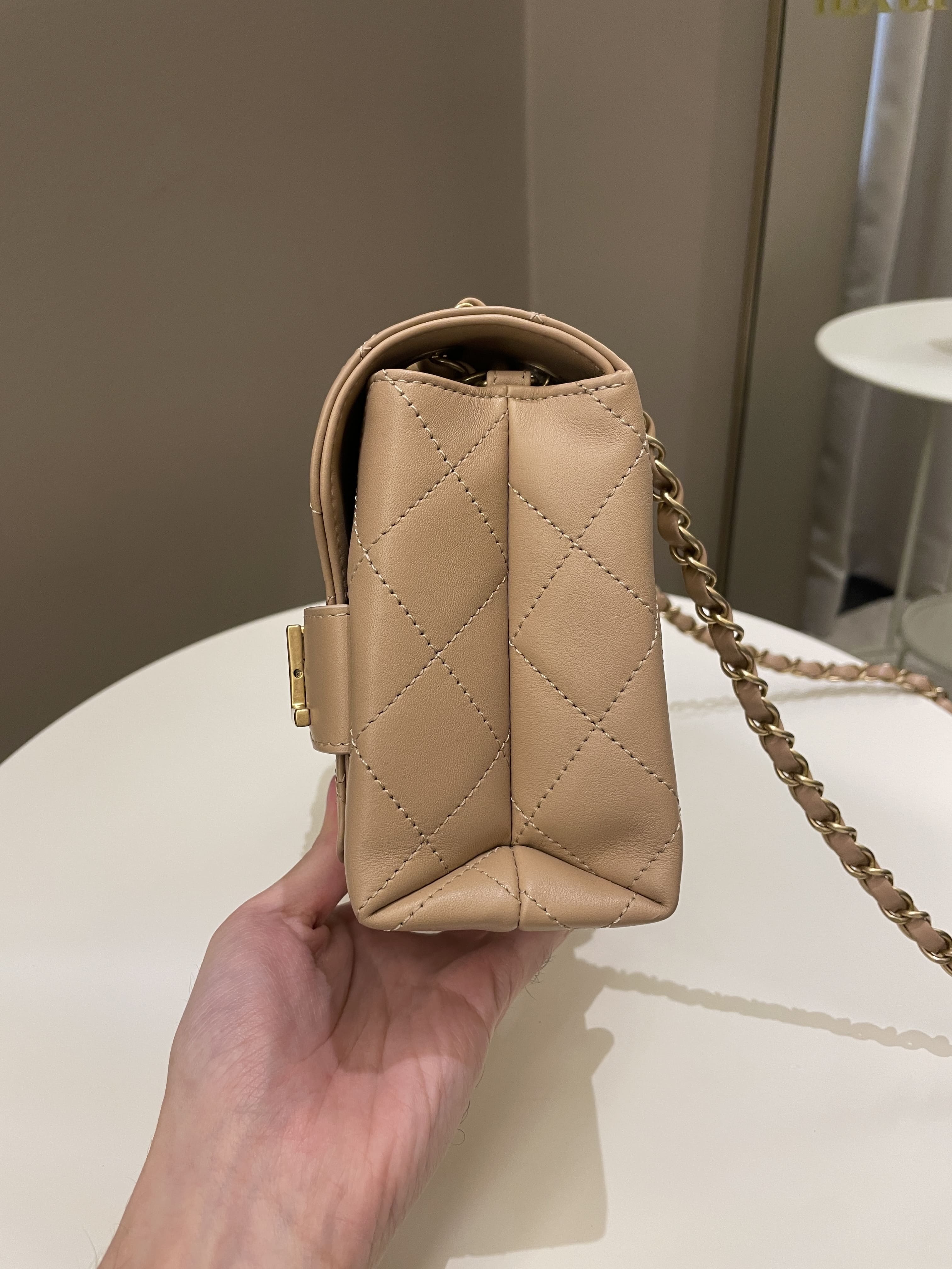 Chanel C H A N E L Lettering Flap Dark Beige Calfskin