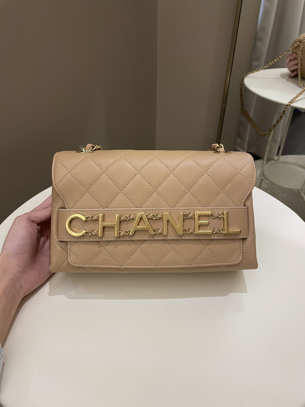 Chanel C H A N E L Lettering Flap Dark Beige Calfskin