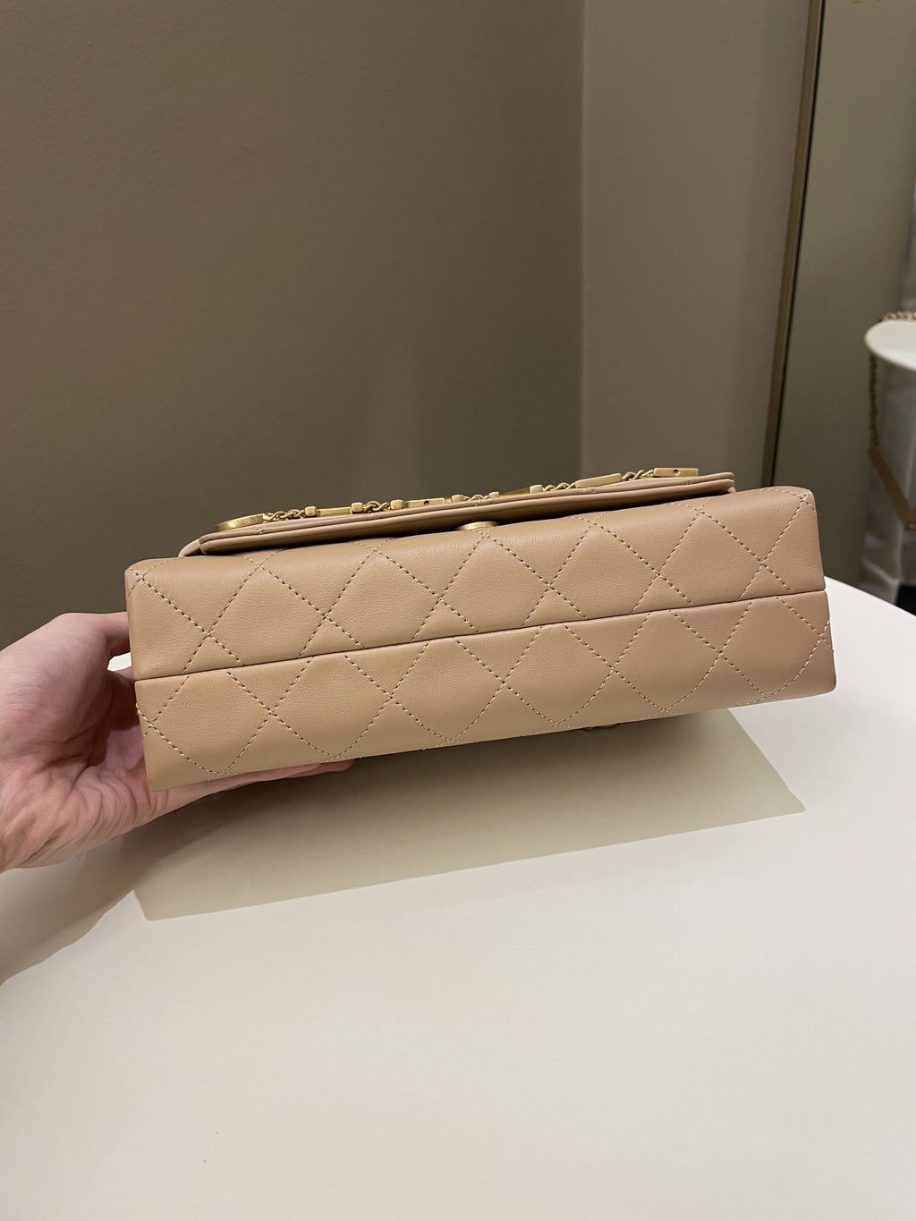Chanel C H A N E L Lettering Flap Dark Beige Calfskin