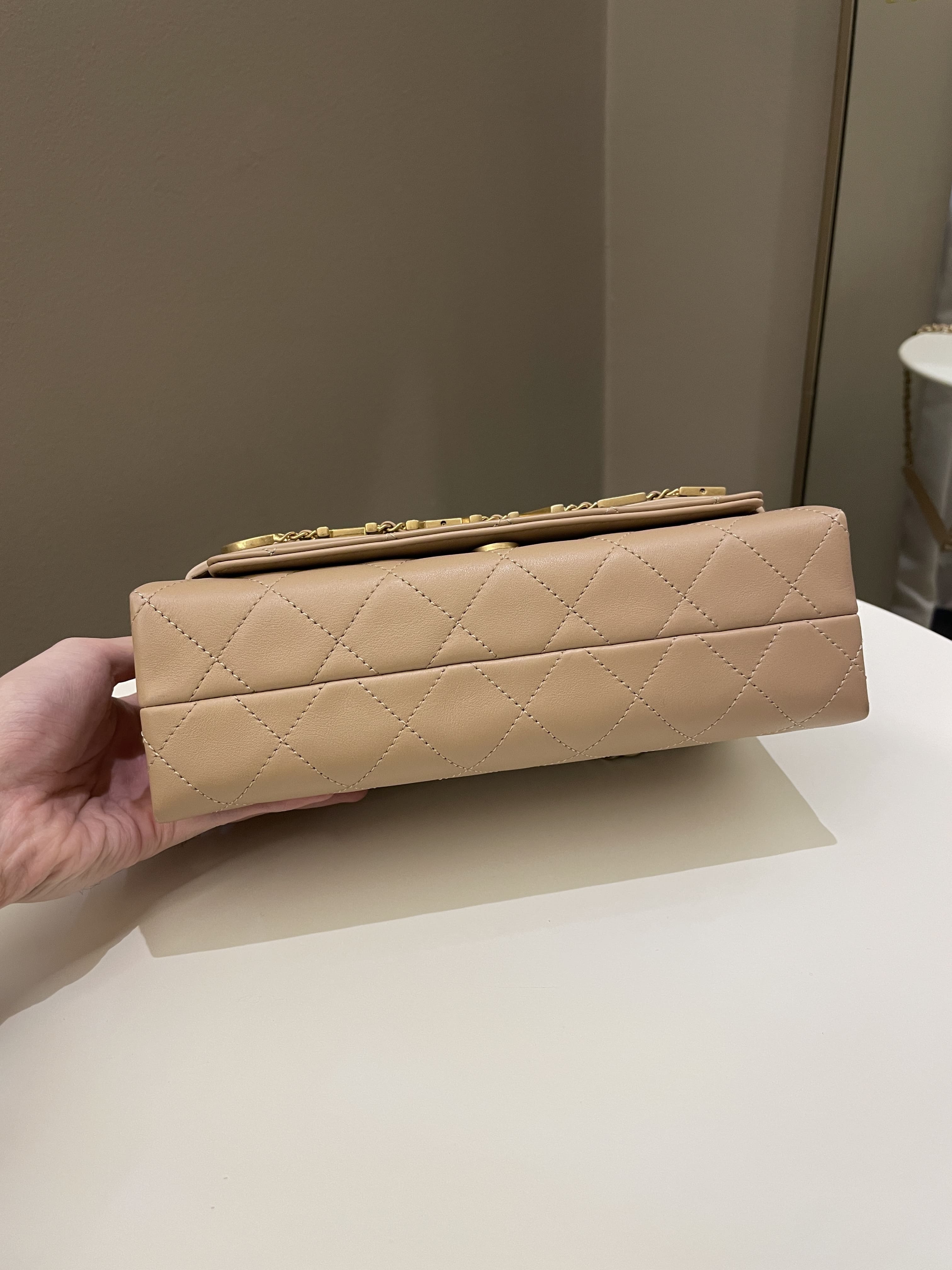 Chanel C H A N E L Lettering Flap Dark Beige Calfskin