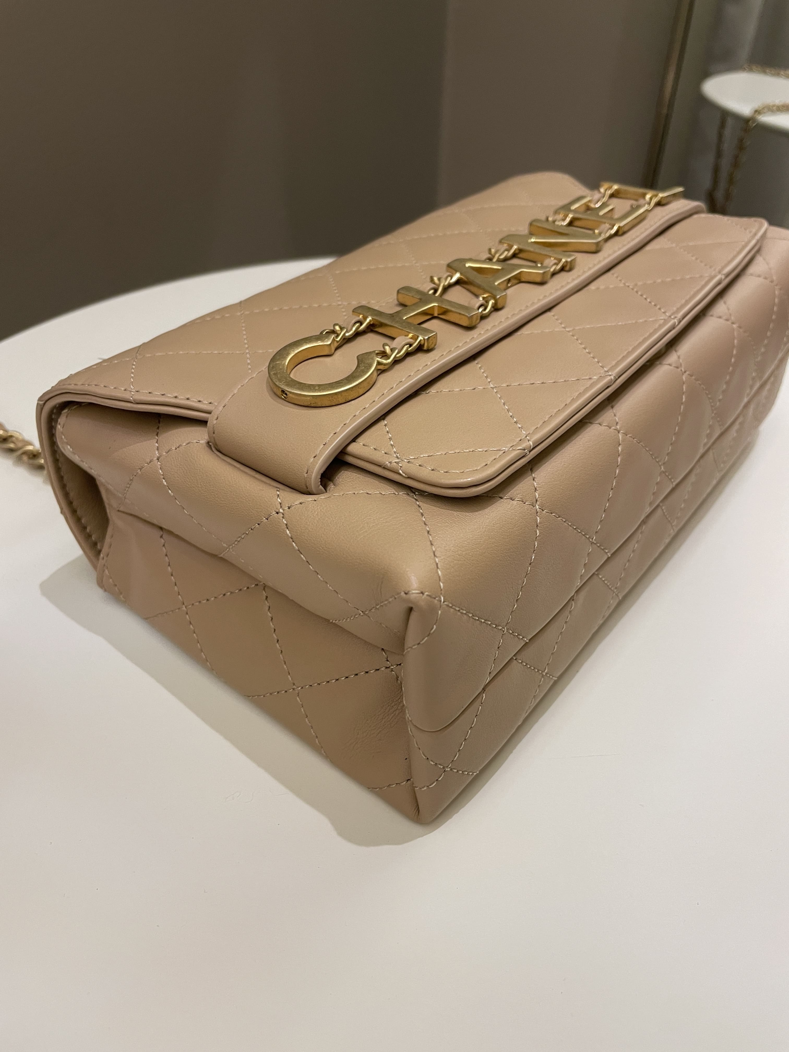 Chanel C H A N E L Lettering Flap Dark Beige Calfskin