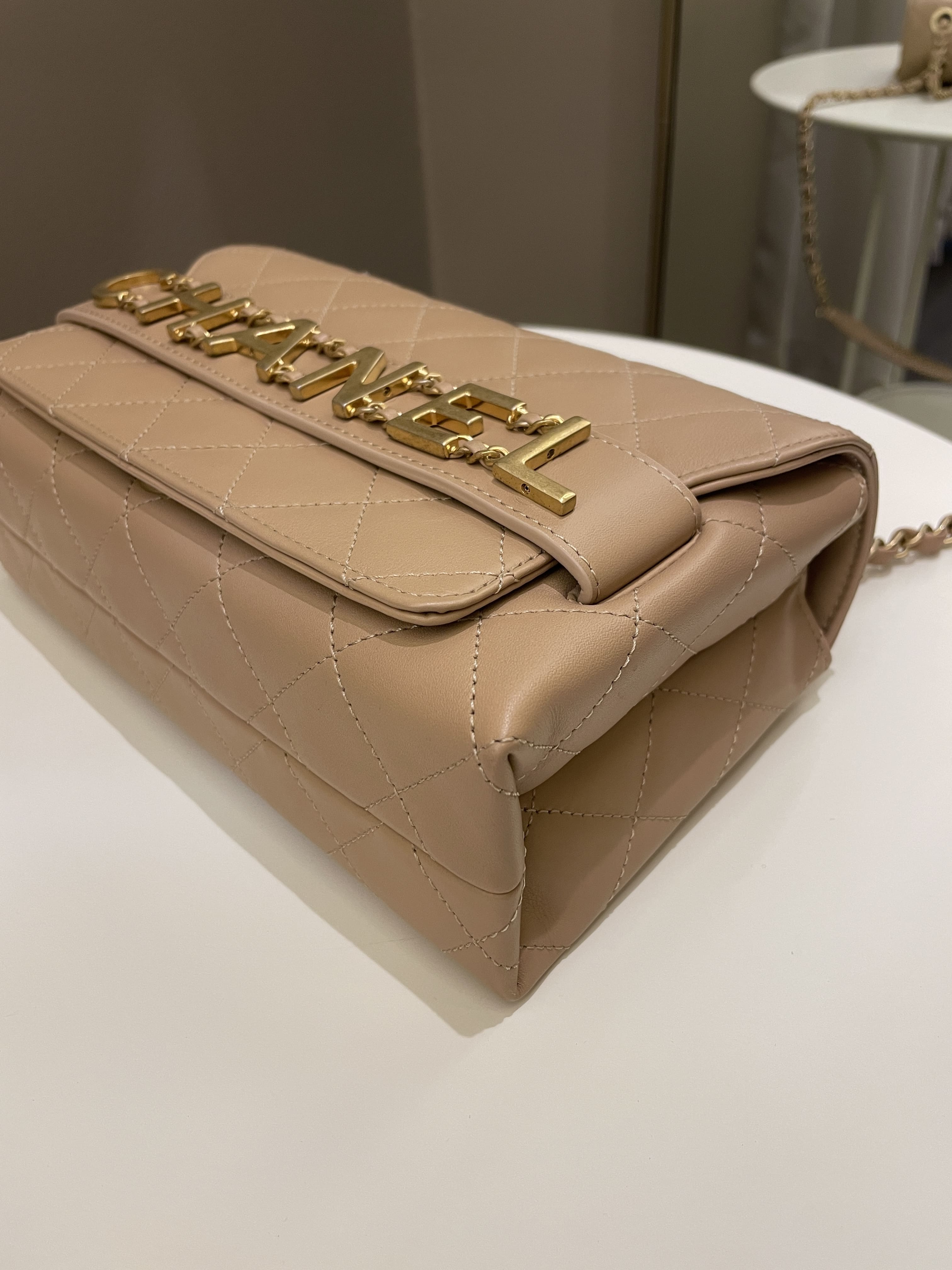Chanel C H A N E L Lettering Flap Dark Beige Calfskin