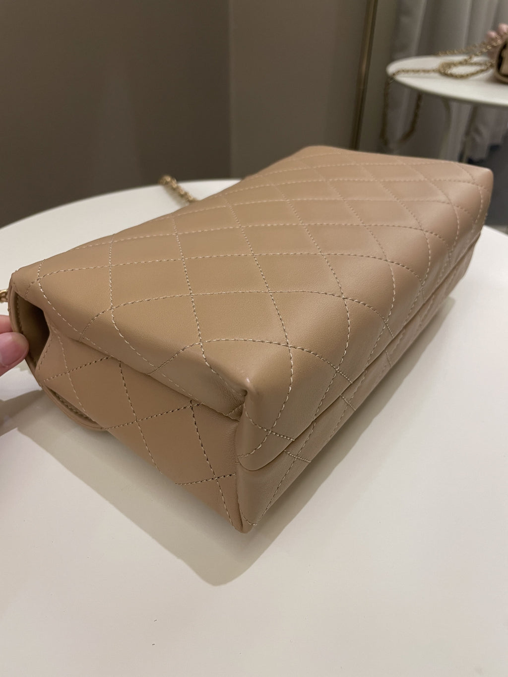 Chanel C H A N E L Lettering Flap Dark Beige Calfskin