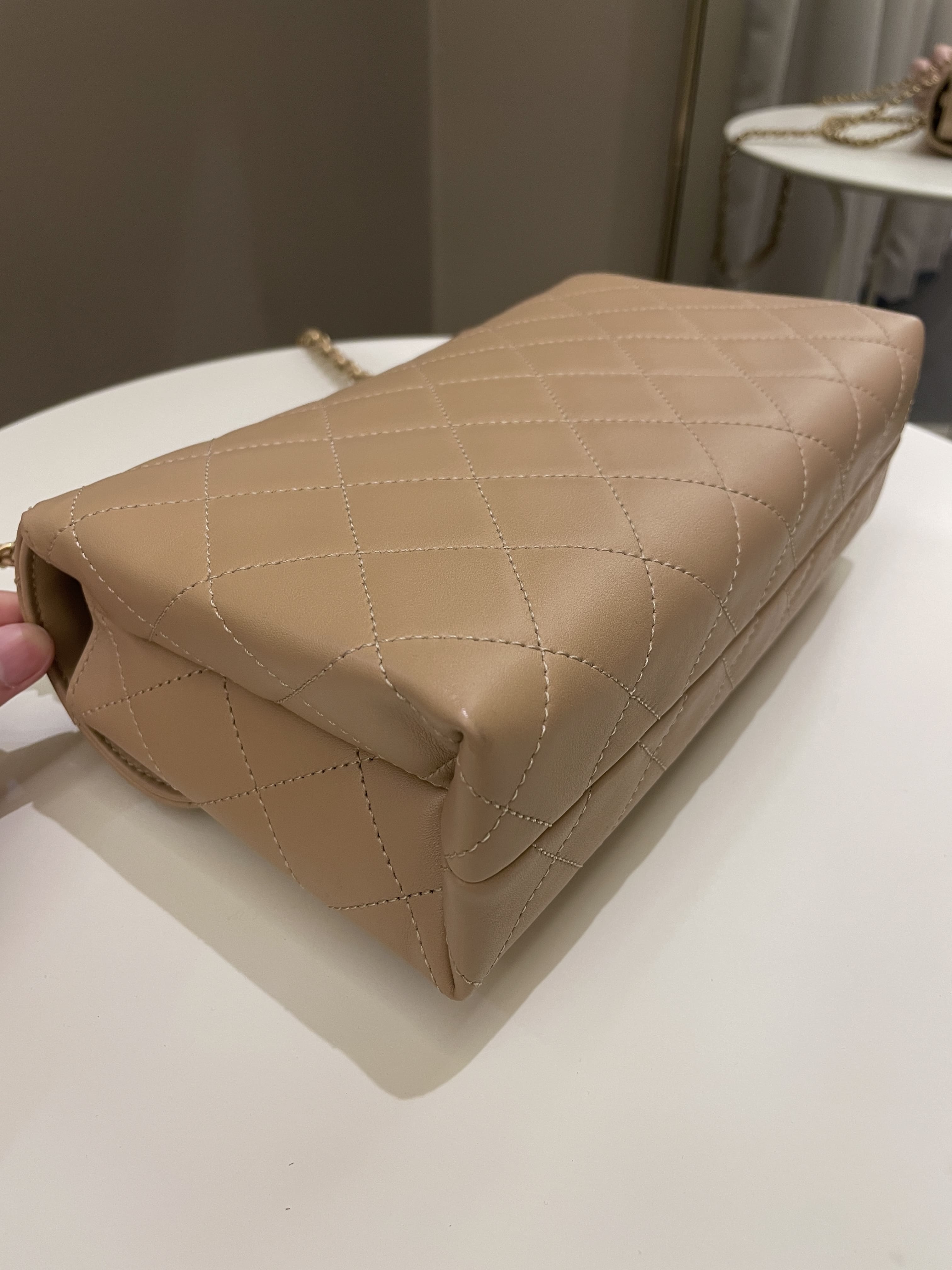 Chanel C H A N E L Lettering Flap Dark Beige Calfskin