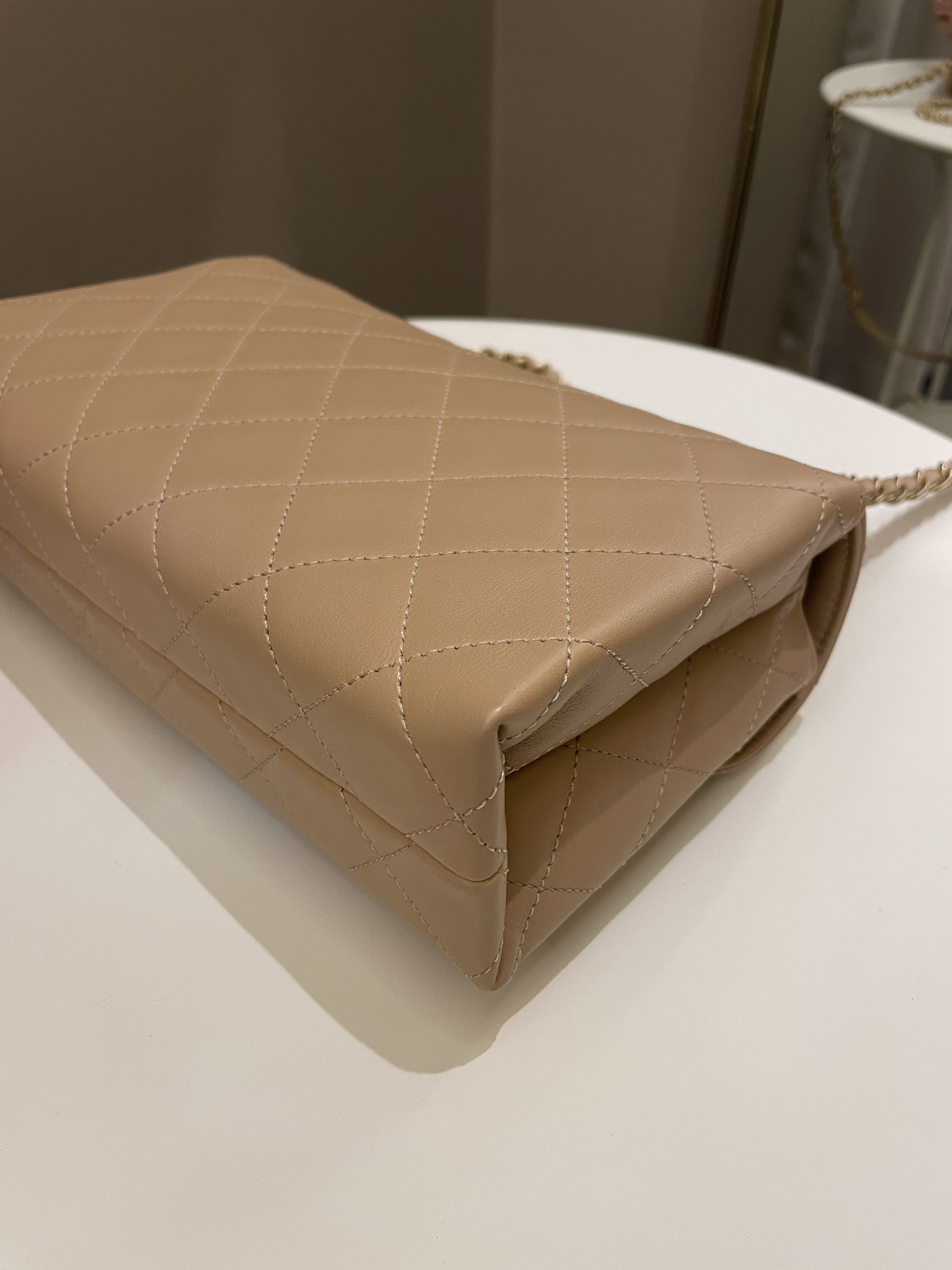 Chanel C H A N E L Lettering Flap Dark Beige Calfskin