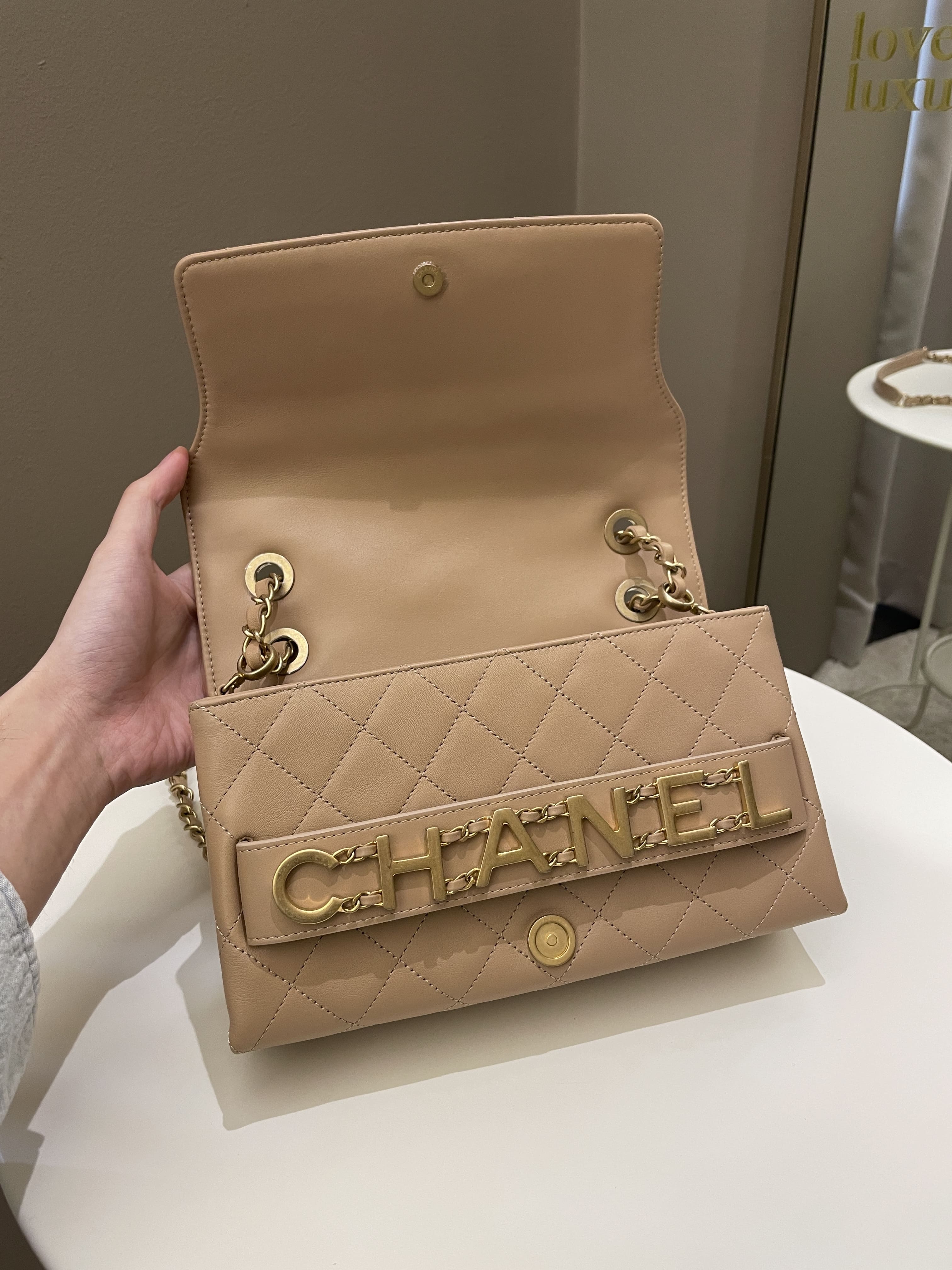 Chanel C H A N E L Lettering Flap Dark Beige Calfskin