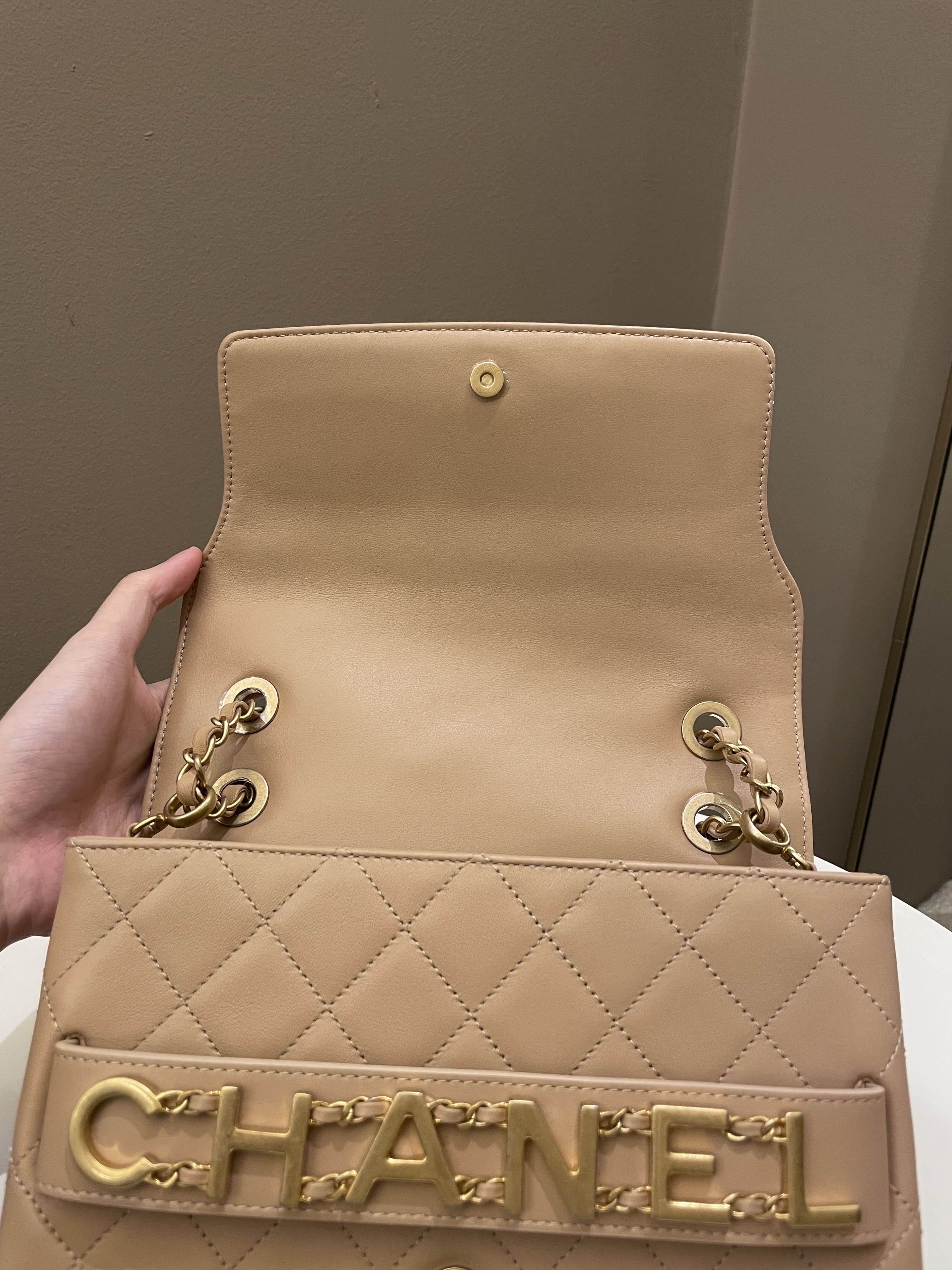 Chanel C H A N E L Lettering Flap Dark Beige Calfskin