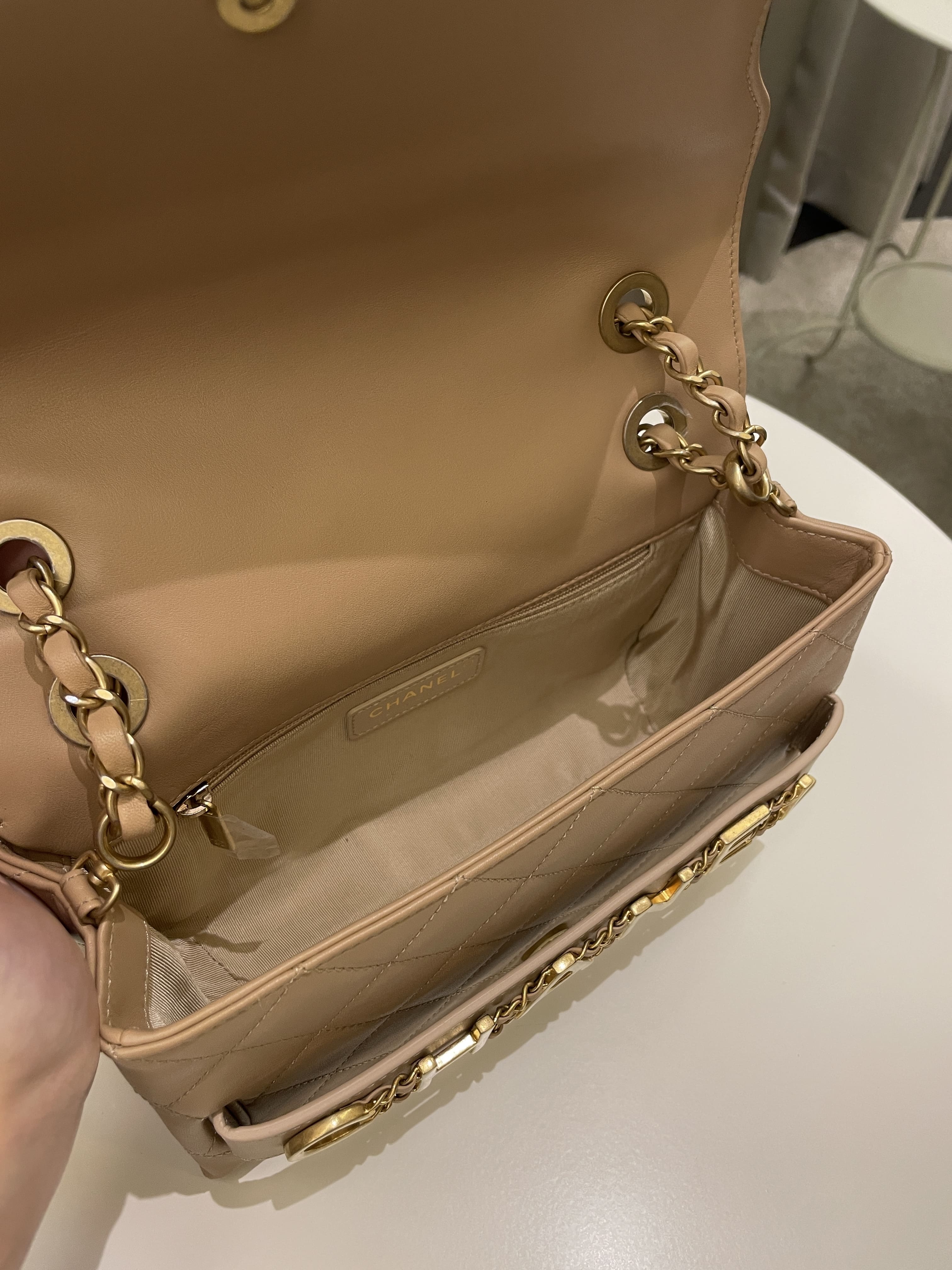 Chanel C H A N E L Lettering Flap Dark Beige Calfskin